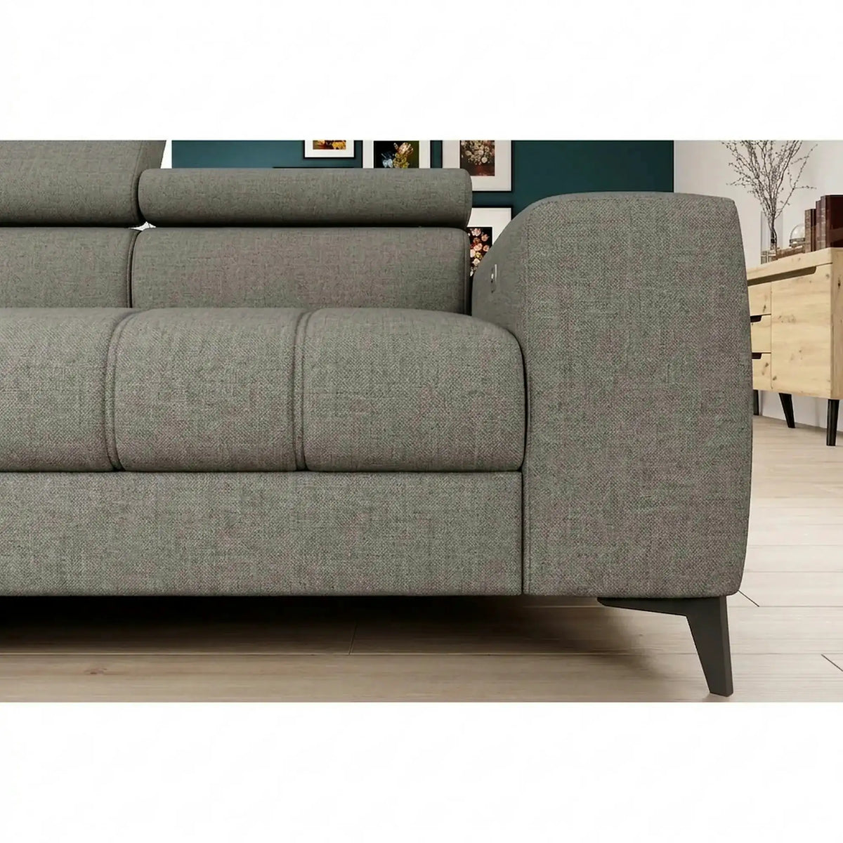 Coltar BAGGIO, sezlong stanga, stofa catifelata cappuccino - Poso 03, cu reglaj electric, incarcator wireless, lada depozitare si tetiere reglabile, 280x196x100 cm