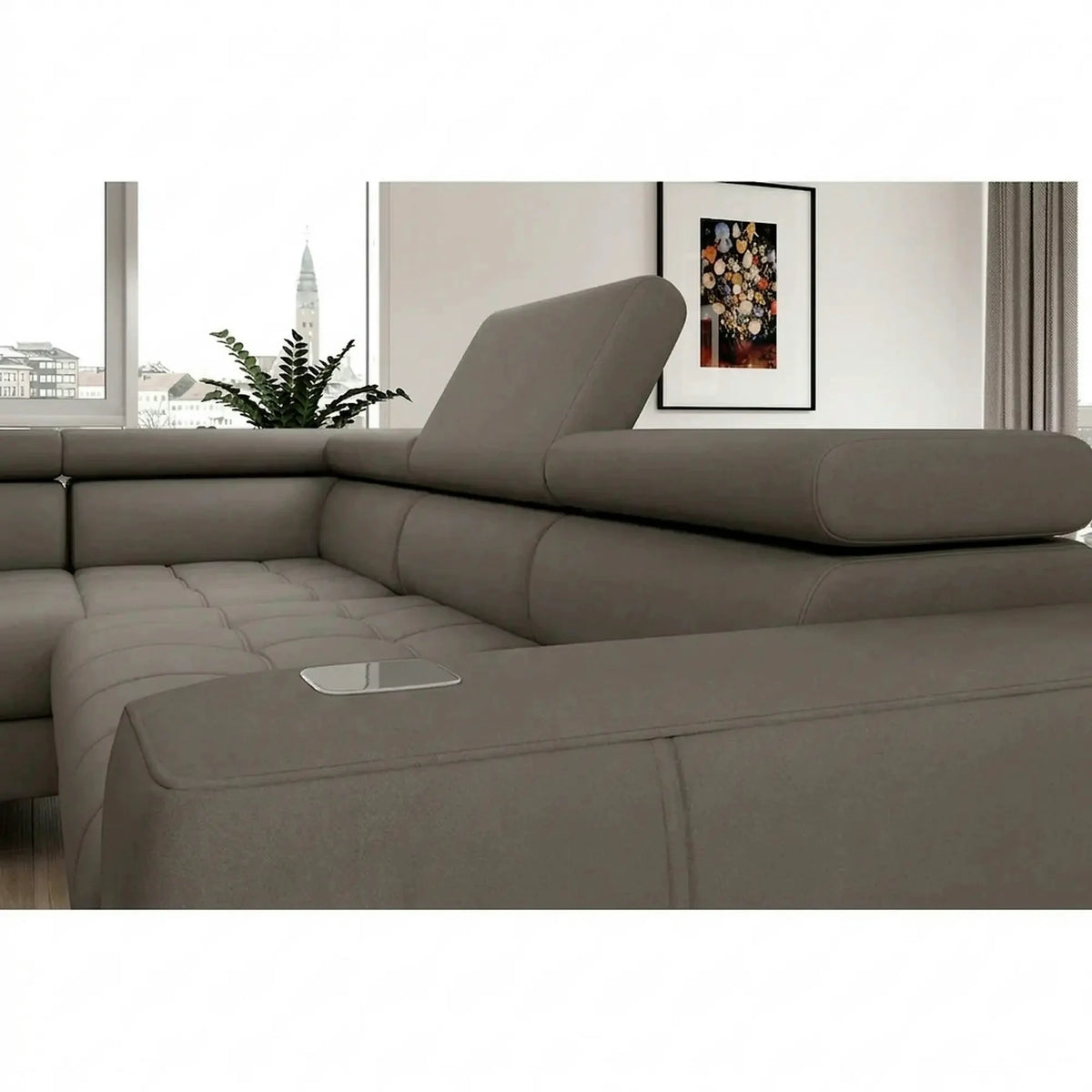 Coltar BAGGIO, sezlong stanga, stofa catifelata cappuccino - Poso 03, cu reglaj electric, incarcator wireless, lada depozitare si tetiere reglabile, 280x196x100 cm