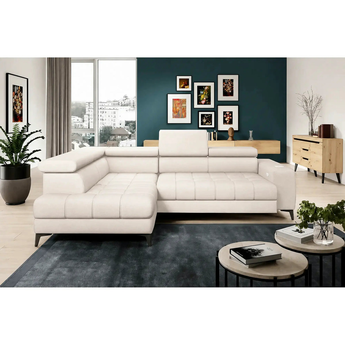 Coltar BAGGIO, sezlong stanga, stofa catifelata crem - Salvador 01, cu reglaj electric, incarcator wireless, lada depozitare si tetiere reglabile, 280x196x100 cm