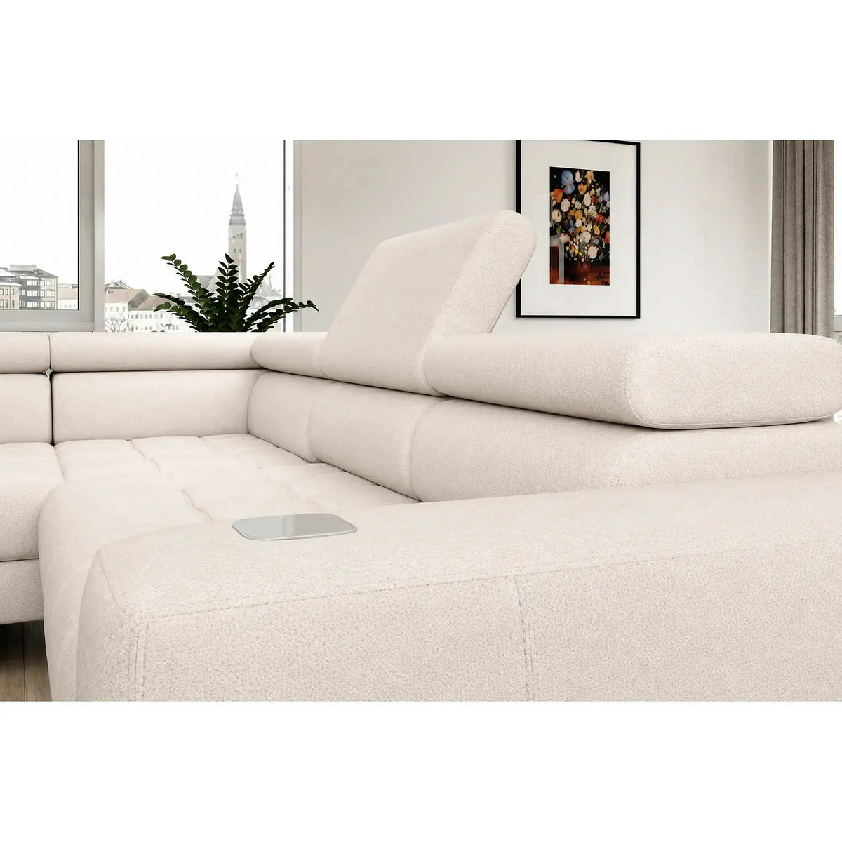 Coltar BAGGIO, sezlong stanga, stofa catifelata crem - Salvador 01, cu reglaj electric, incarcator wireless, lada depozitare si tetiere reglabile, 280x196x100 cm