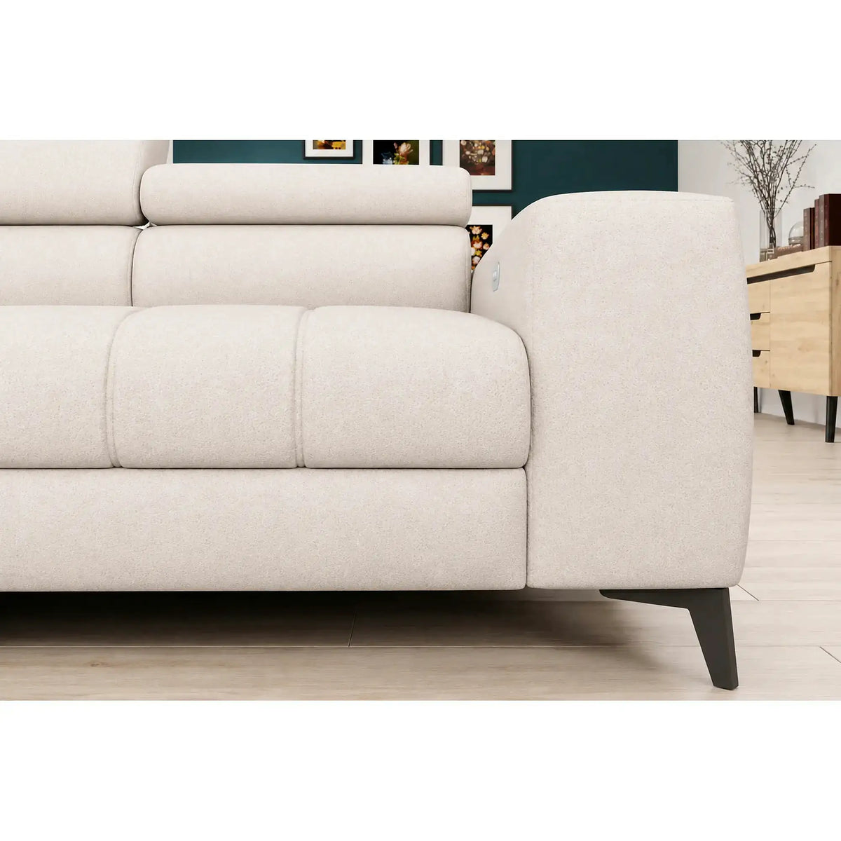 Coltar BAGGIO, sezlong stanga, stofa catifelata crem - Salvador 01, cu reglaj electric, incarcator wireless, lada depozitare si tetiere reglabile, 280x196x100 cm