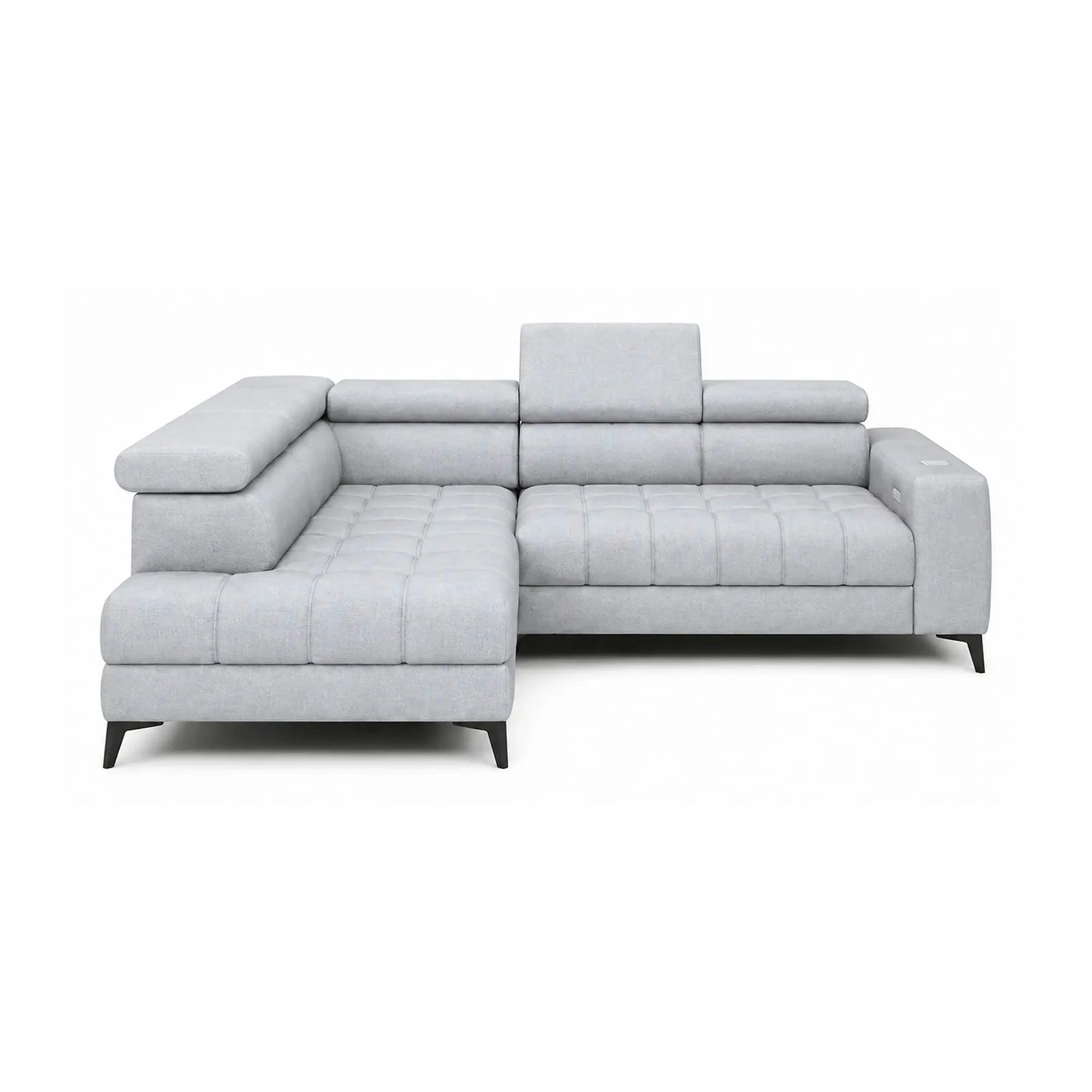 Coltar BAGGIO, sezlong stanga, stofa catifelata gri - Monolith 84, cu reglaj electric,lada depozitare, incarcator wireless si tetiere reglabile, 280x196x100 cm