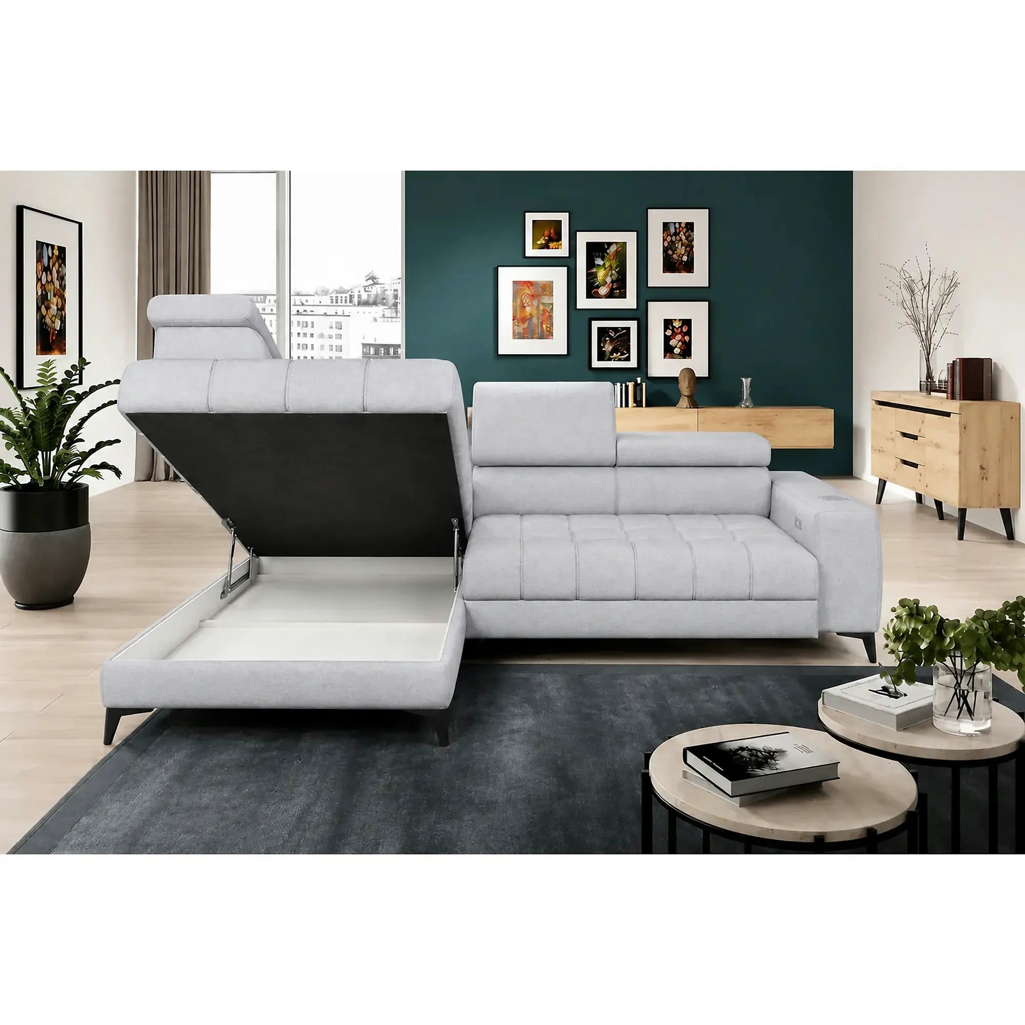 Coltar BAGGIO, sezlong stanga, stofa catifelata gri - Monolith 84, cu reglaj electric,lada depozitare, incarcator wireless si tetiere reglabile, 280x196x100 cm