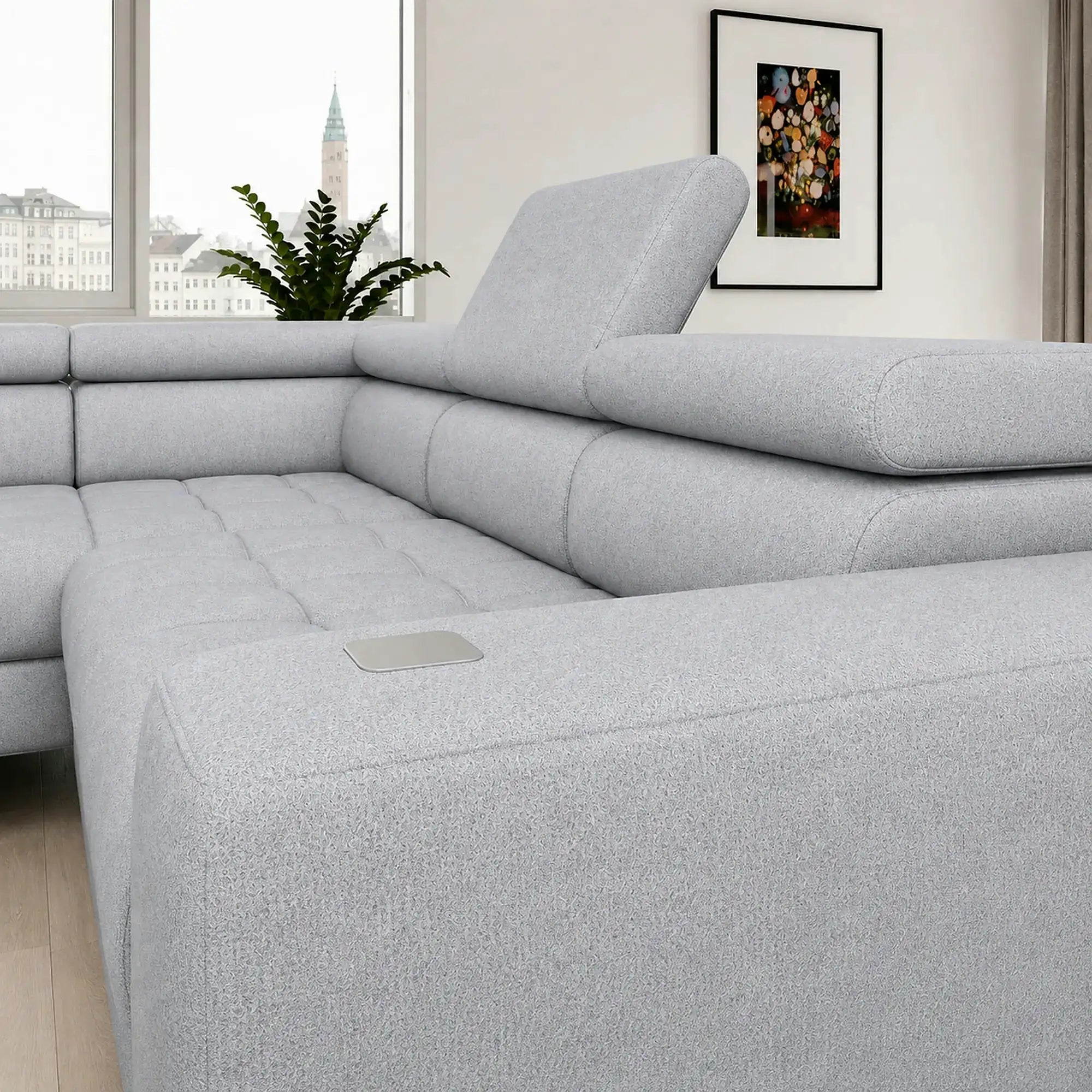 Coltar BAGGIO, sezlong stanga, stofa catifelata gri - Monolith 84, cu reglaj electric,lada depozitare, incarcator wireless si tetiere reglabile, 280x196x100 cm