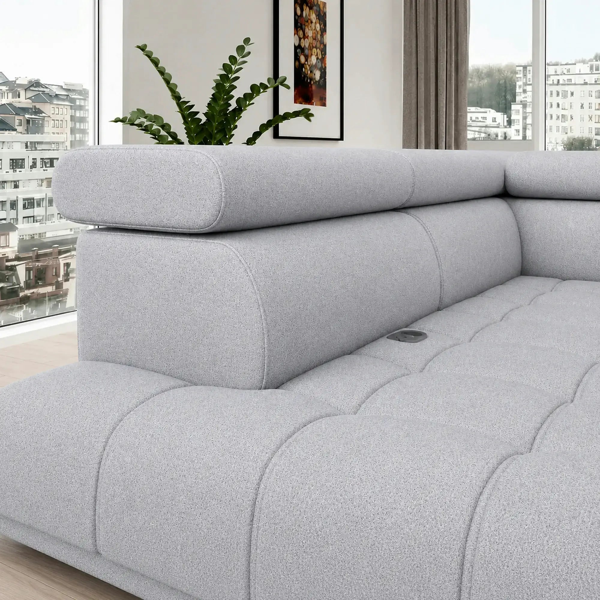 Coltar BAGGIO, sezlong stanga, stofa catifelata gri - Monolith 84, cu reglaj electric,lada depozitare, incarcator wireless si tetiere reglabile, 280x196x100 cm