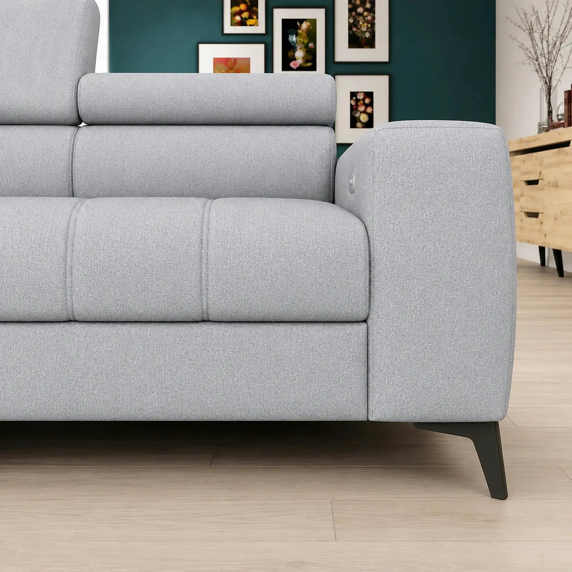 Coltar BAGGIO, sezlong stanga, stofa catifelata gri - Monolith 84, cu reglaj electric,lada depozitare, incarcator wireless si tetiere reglabile, 280x196x100 cm