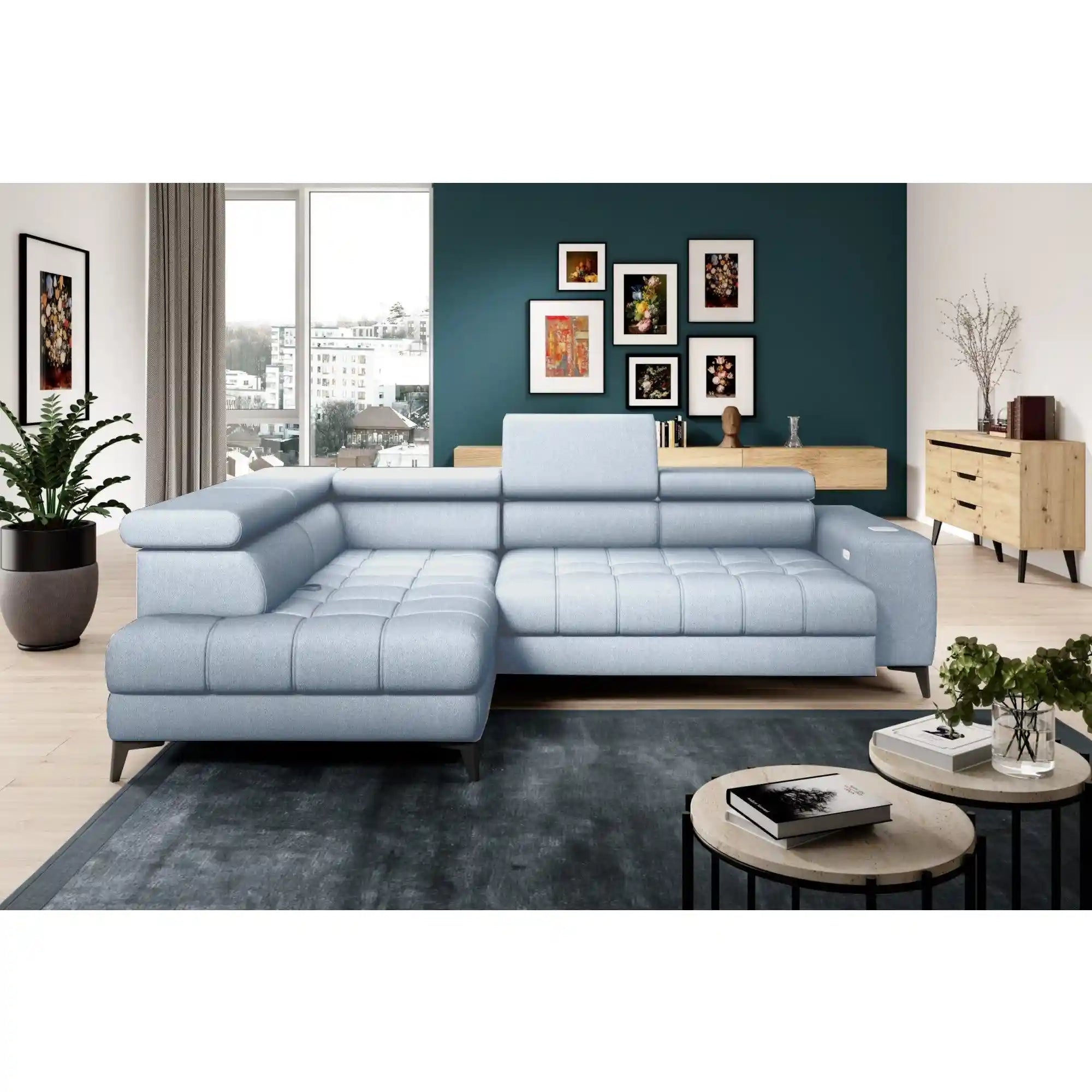 Coltar BAGGIO, sezlong stanga, stofa catifelata gri - Monolith 84, cu reglaj electric,lada depozitare, incarcator wireless si tetiere reglabile, 280x196x100 cm