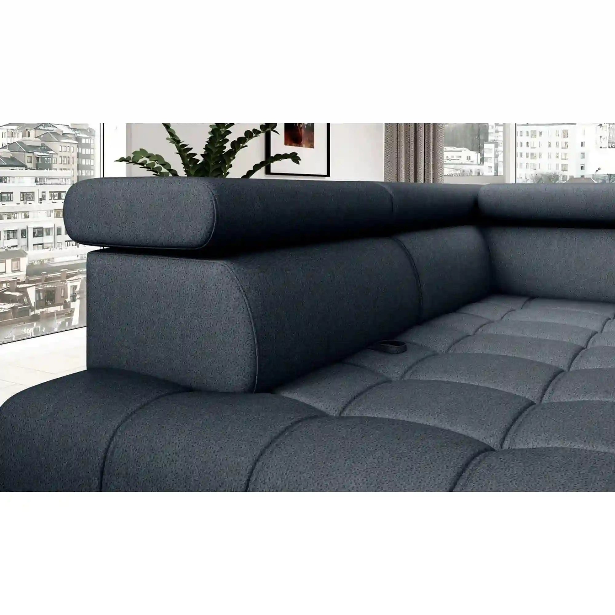 Coltar BAGGIO, sezlong stanga, stofa catifelata gri - Monolith 85, cu reglaj electric, incarcator wireless, lada depozitare si tetiere reglabile, 280x196x100 cm