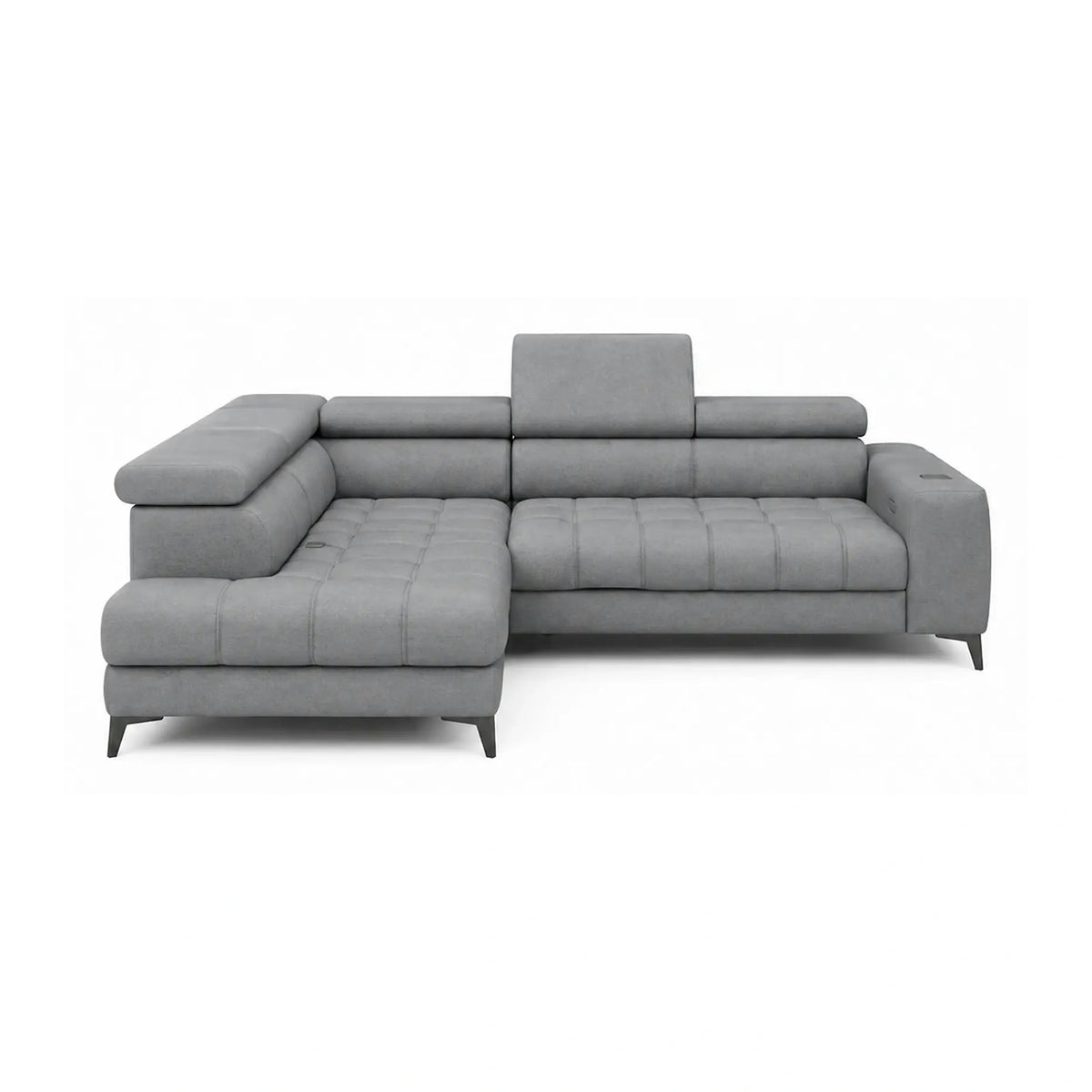 Coltar BAGGIO, sezlong stanga, stofa catifelata gri - Monolith 92, cu reglaj electric, lada depozitare, incarcator wireless si tetiere reglabile, 280x196x100 cm