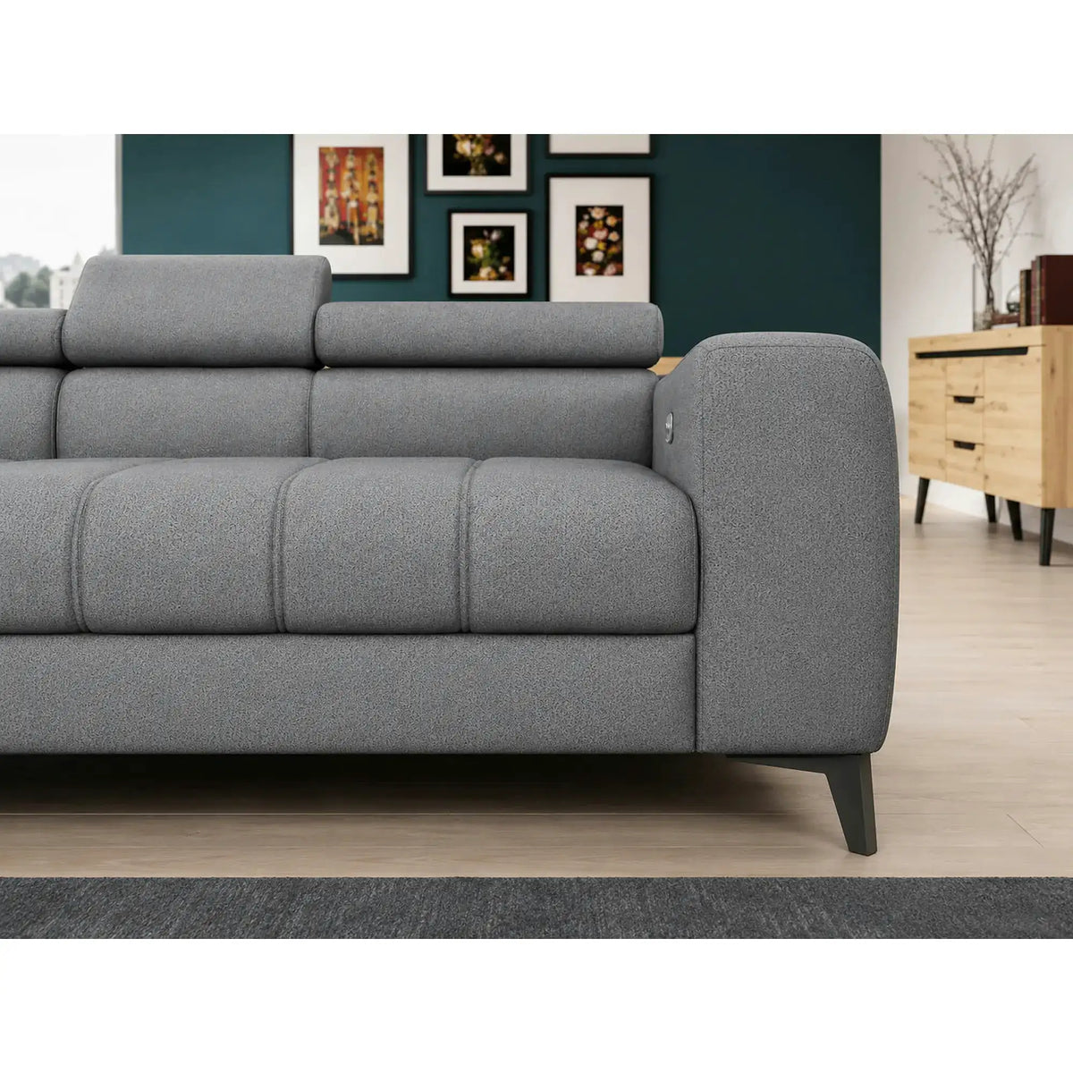 Coltar BAGGIO, sezlong stanga, stofa catifelata gri - Monolith 92, cu reglaj electric, lada depozitare, incarcator wireless si tetiere reglabile, 280x196x100 cm