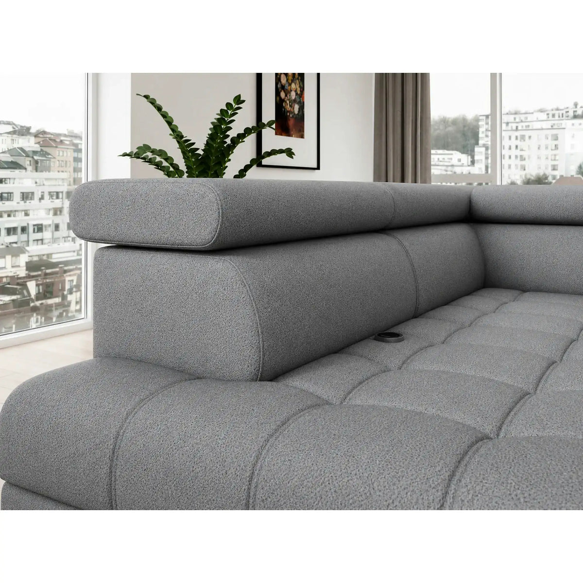Coltar BAGGIO, sezlong stanga, stofa catifelata gri - Monolith 92, cu reglaj electric, lada depozitare, incarcator wireless si tetiere reglabile, 280x196x100 cm