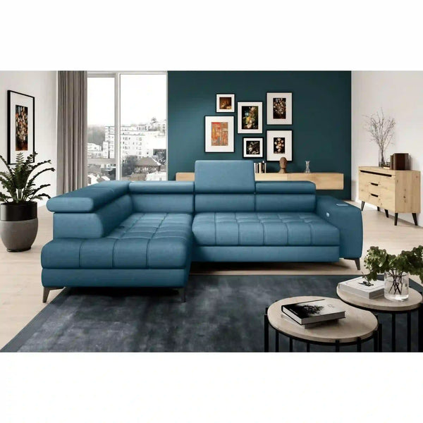 Coltar BAGGIO, sezlong stanga, stofa catifelata verde inchis - Terra 75, Gama Premium, cu reglaj electric, incarcator wireless, lada depozitare si tetiere reglabile, 280x196x100 cm