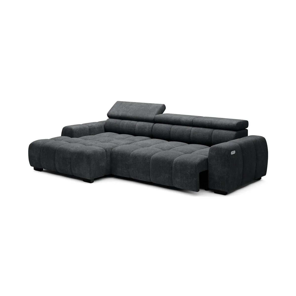 Coltar BULL S, sezlong stanga, stofa catifelata gri inchis - Salvador 15, cu reglaj electric si tetiere reglabile, 285x168x97 cm