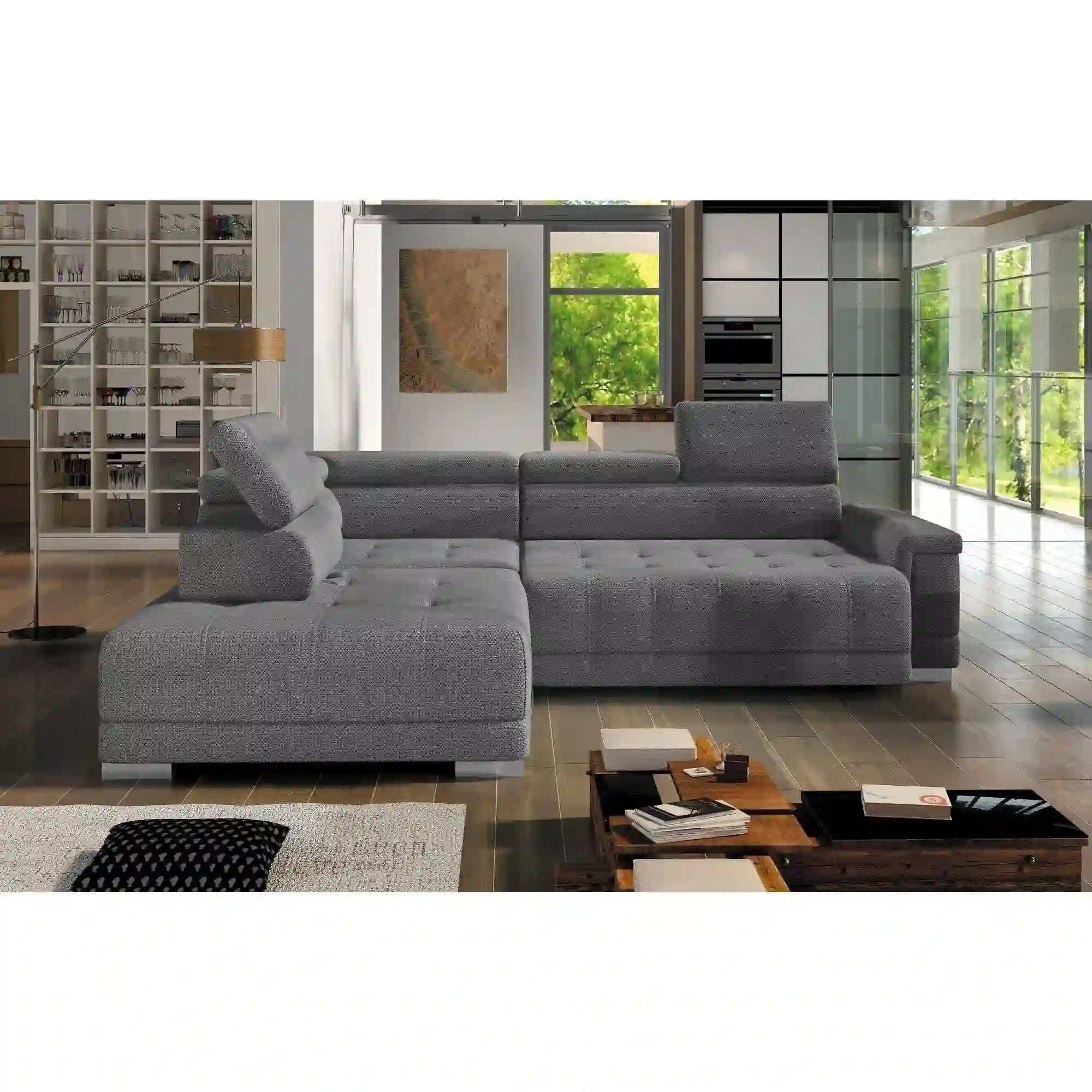 Coltar CAMPO L, personalizabil materiale gama Premium, cu reglaj electric si tetiere reglabile, 292x220x101 cm