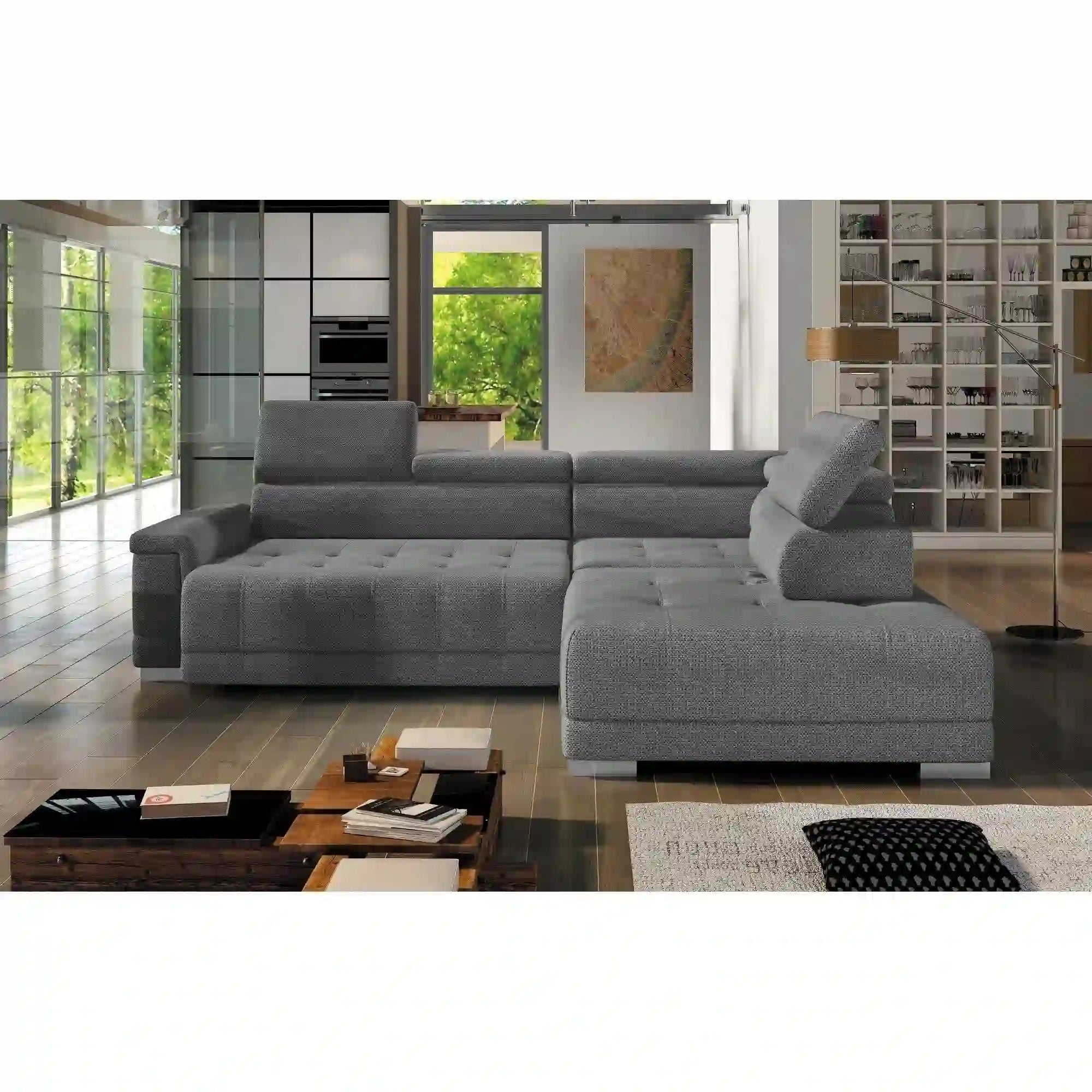 Coltar CAMPO L, personalizabil materiale gama Premium, cu reglaj electric si tetiere reglabile, 292x220x101 cm