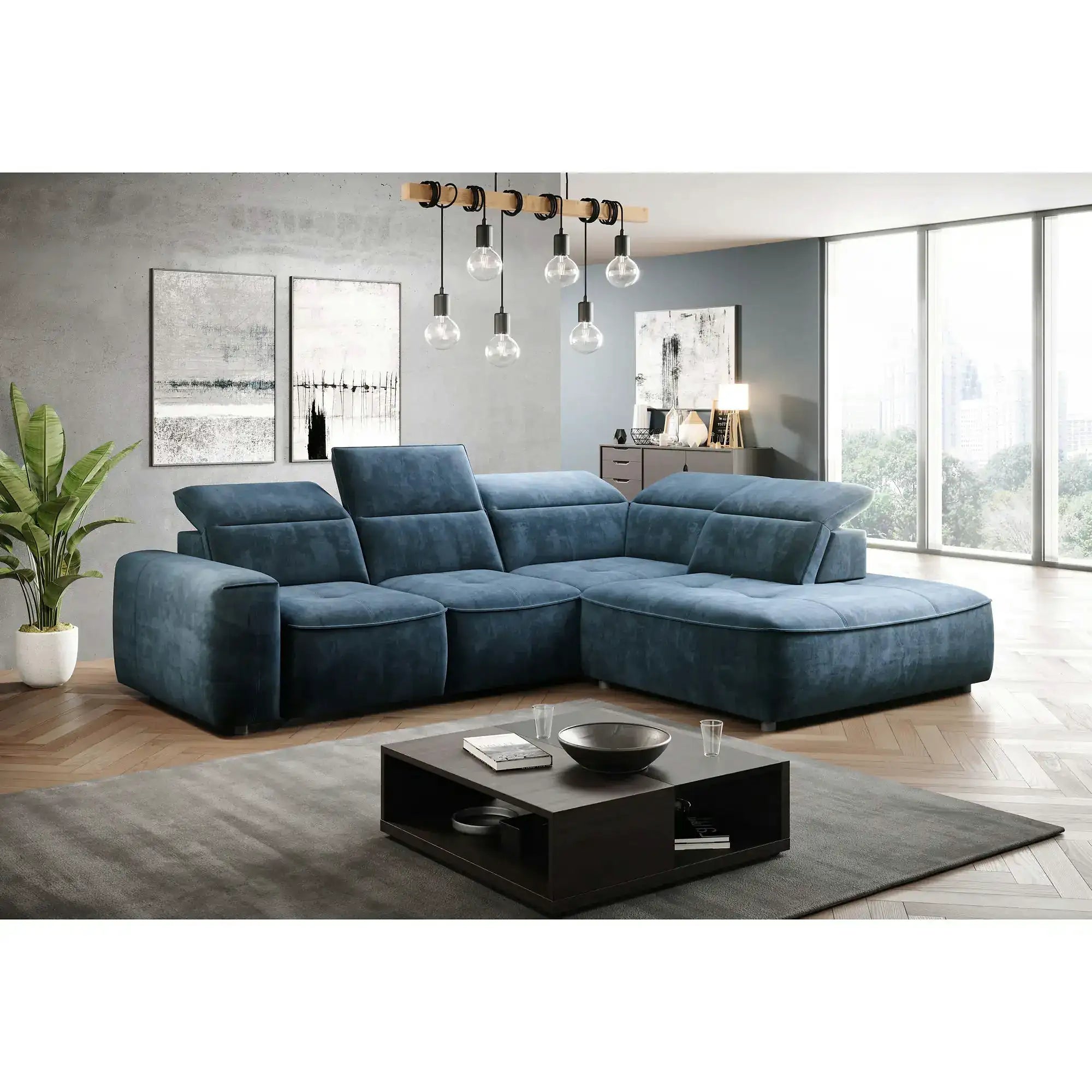 Coltar COLOMBO L, personalizabil, cu reglaj electric, tetiere reglabile si lada depozitare, 296x227x103 cm