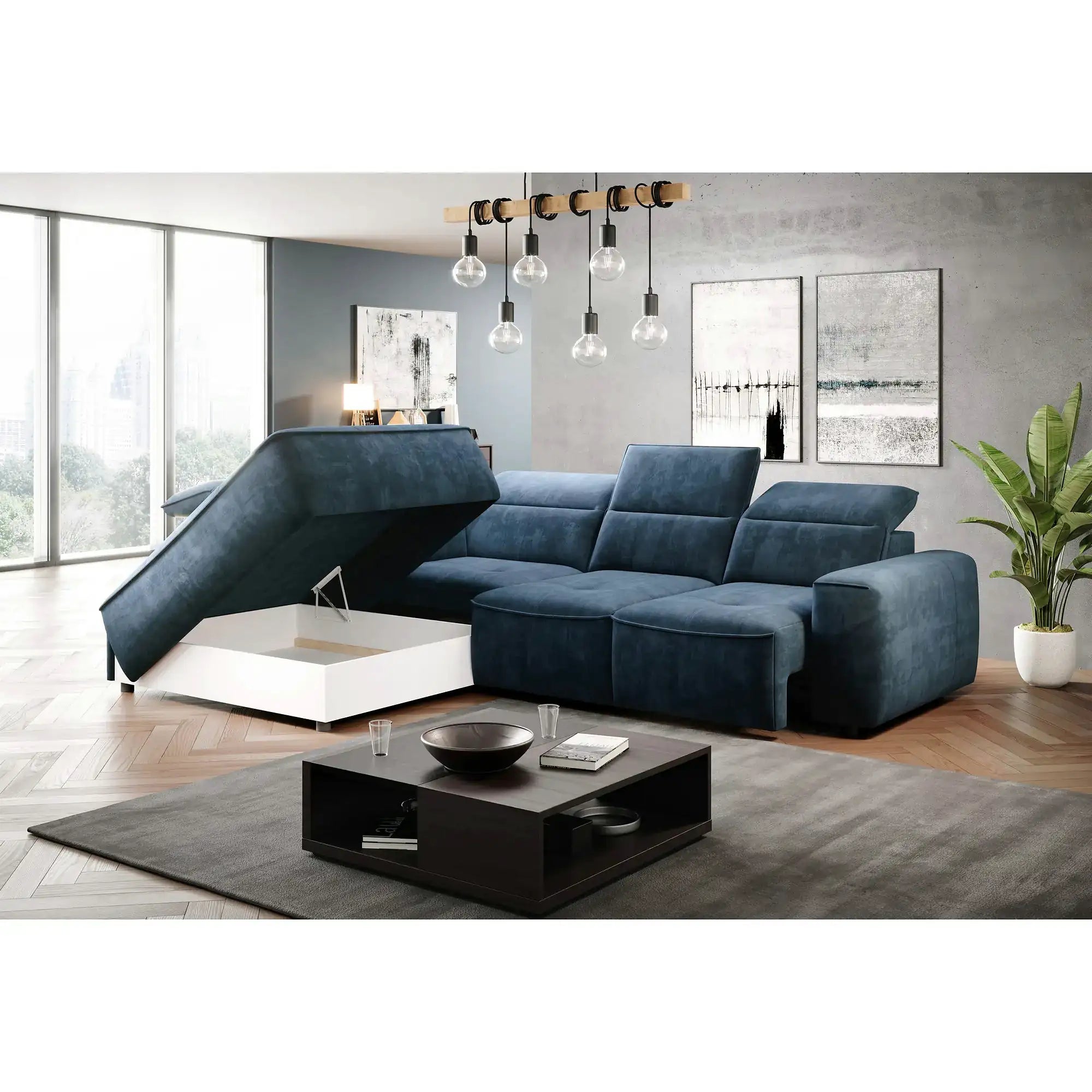 Coltar COLOMBO L, personalizabil, cu reglaj electric, tetiere reglabile si lada depozitare, 296x227x103 cm