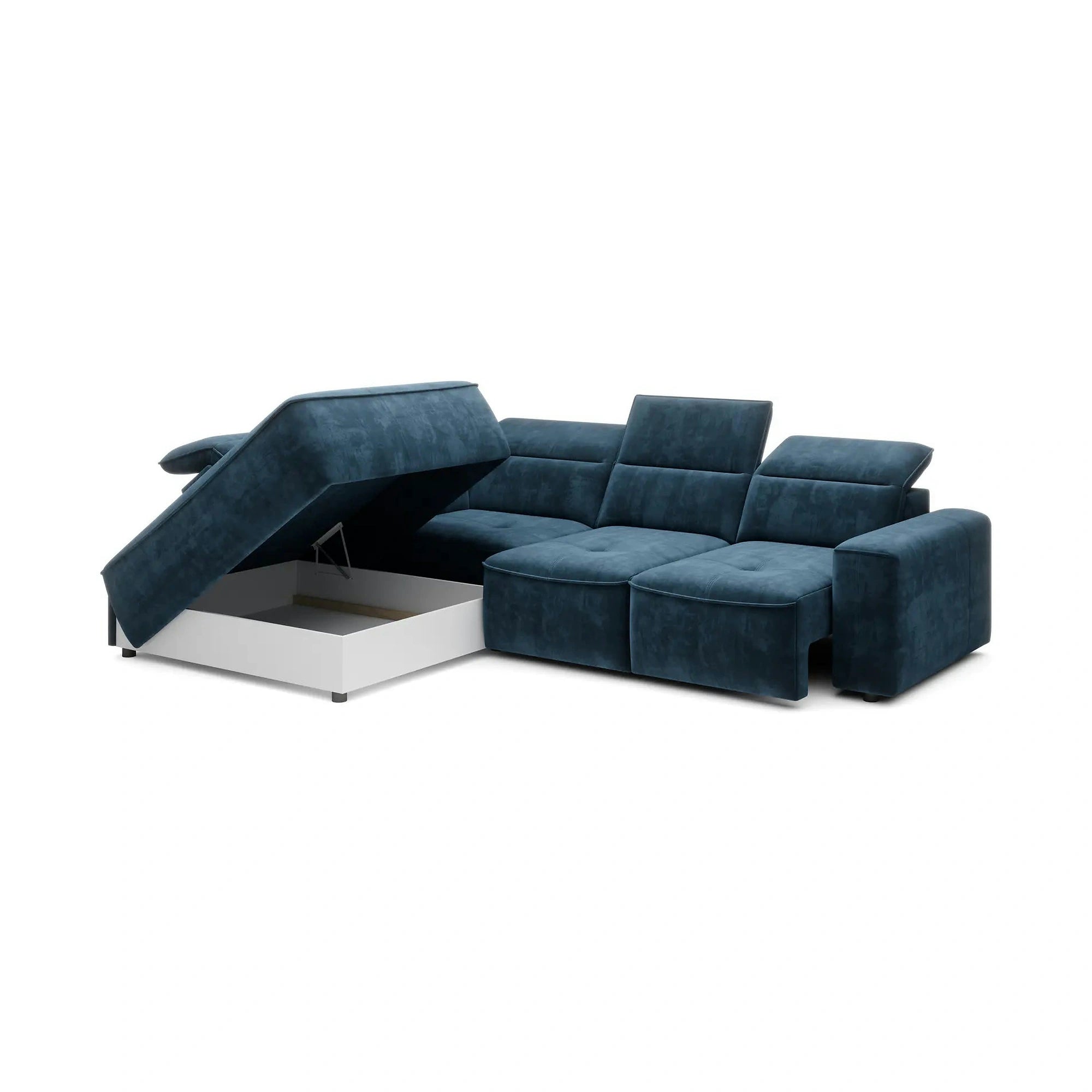 Coltar COLOMBO L, personalizabil, cu reglaj electric, tetiere reglabile si lada depozitare, 296x227x103 cm
