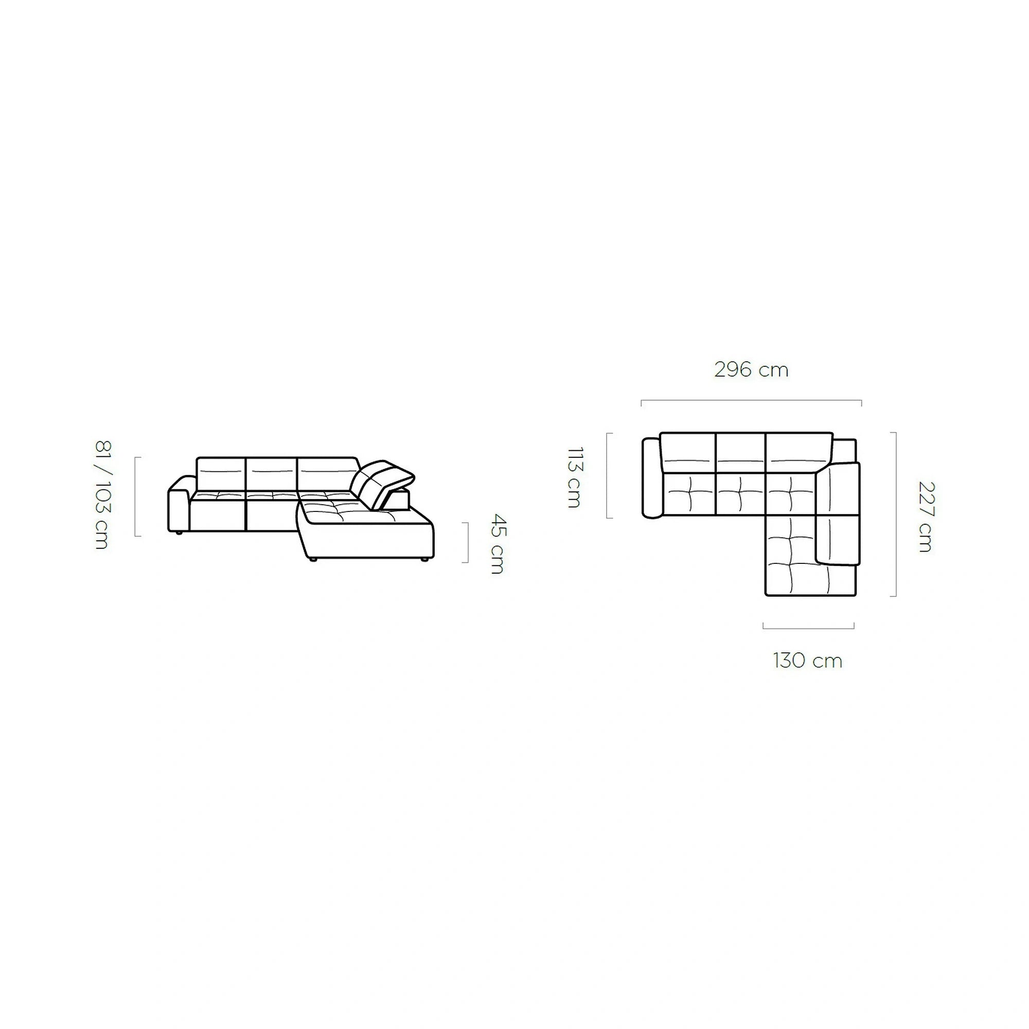 Coltar COLOMBO L, personalizabil, cu reglaj electric, tetiere reglabile si lada depozitare, 296x227x103 cm