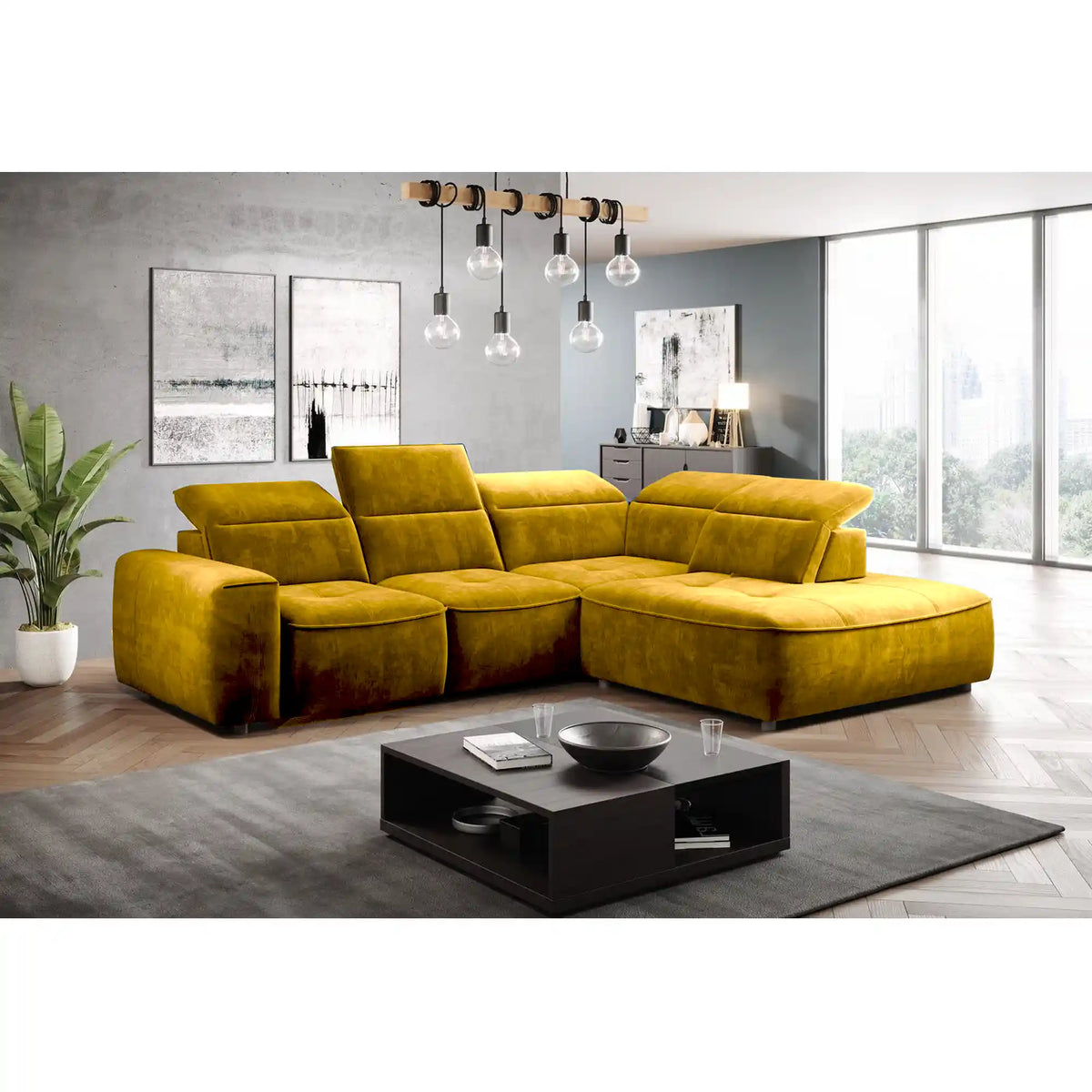 Coltar COLOMBO L, personalizabil materiale gama Oferta Avantaj, cu reglaj electric, tetiere reglabile si lada depozitare, 296x227x103 cm