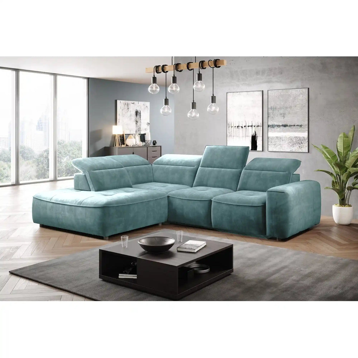 Coltar COLOMBO L, personalizabil materiale gama Premium, cu reglaj electric, tetiere reglabile si lada depozitare, 296x227x103 cm