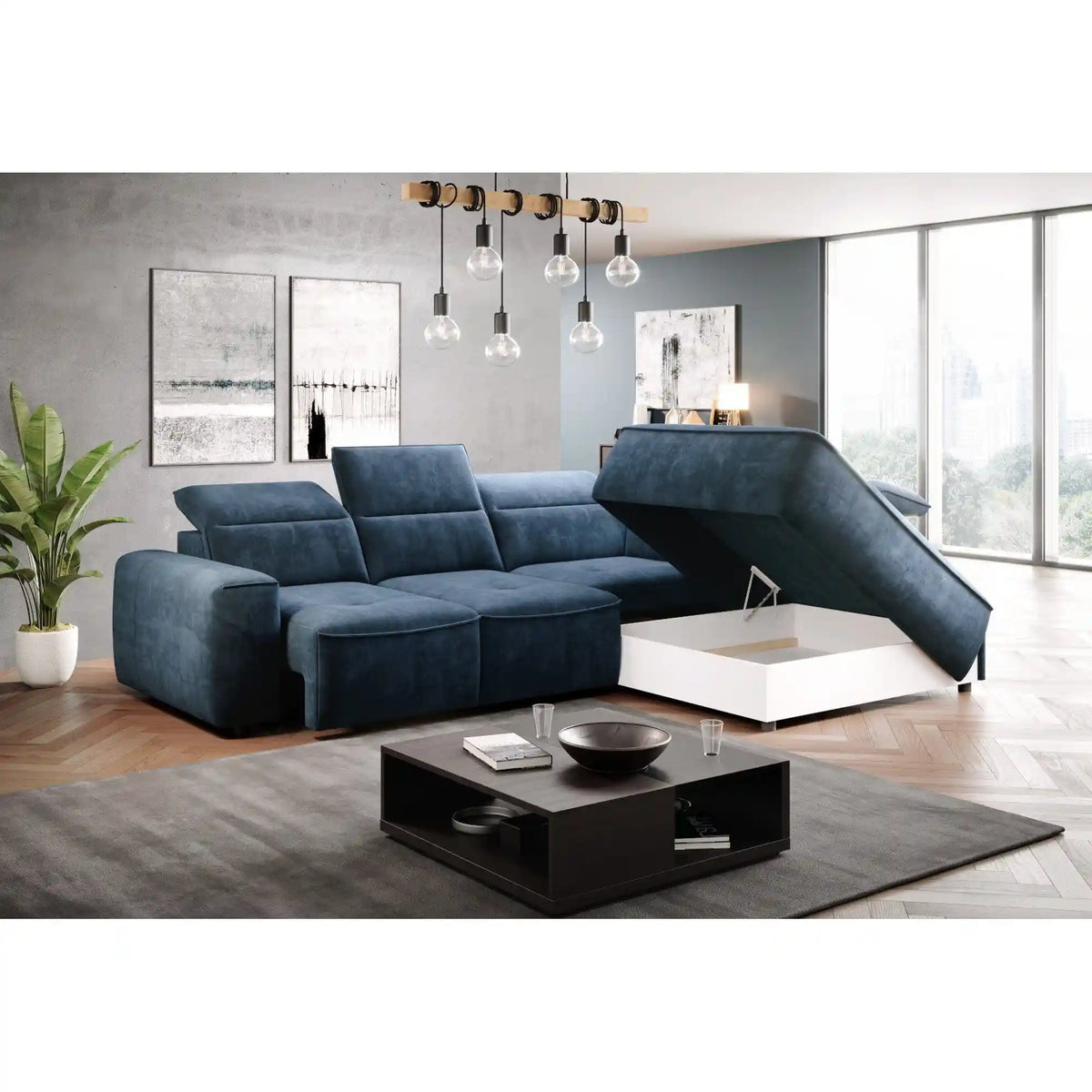 Coltar COLOMBO L, personalizabil materiale gama Premium, cu reglaj electric, tetiere reglabile si lada depozitare, 296x227x103 cm