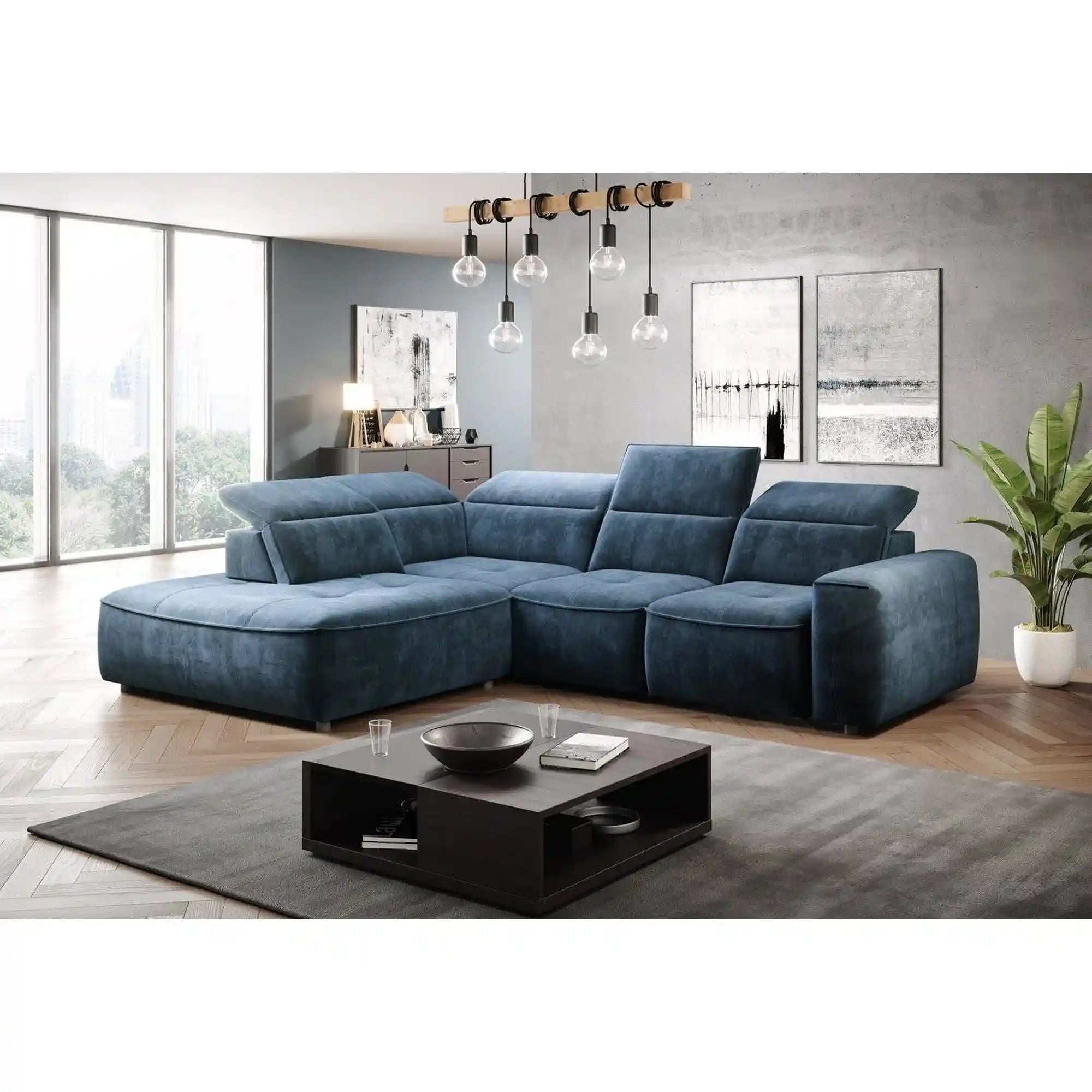 Coltar COLOMBO L, sezlong stanga, stofa catifelata albastru - Palladium 13, Gama Premium, cu lada depozitare, reglaj electric, tetiere, spatar si sezut reglabile, 296x227x103 cm