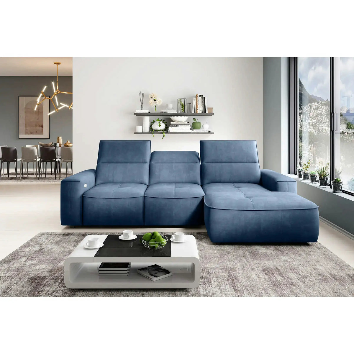 Coltar COLOMBO MINI, personalizabil, cu reglaj electric, tetiere reglabile si lada depozitare, 275x182x103 cm