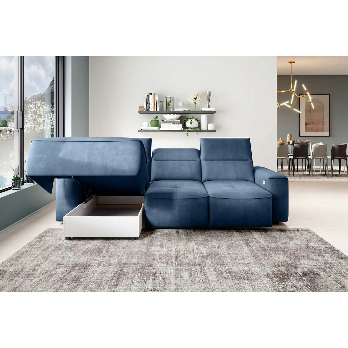 Coltar COLOMBO MINI, personalizabil, cu reglaj electric, tetiere reglabile si lada depozitare, 275x182x103 cm