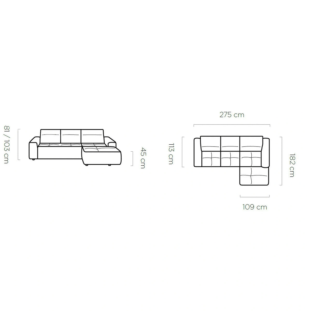 Coltar COLOMBO MINI, sezlong stanga, stofa catifelata bej - Whisper 03, cu reglaj electric, tetiere reglabile si lada depozitare, 275x182x103 cm