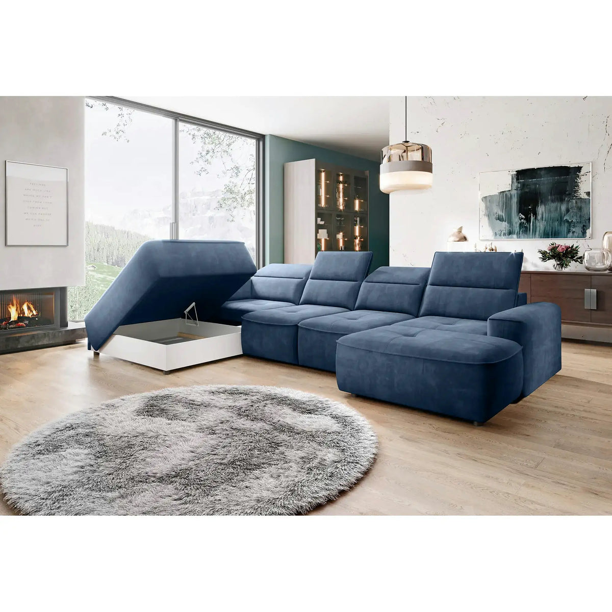 Coltar COLOMBO XL, personalizabil, cu reglaj electric si lada depozitare, 376x227x103 cm