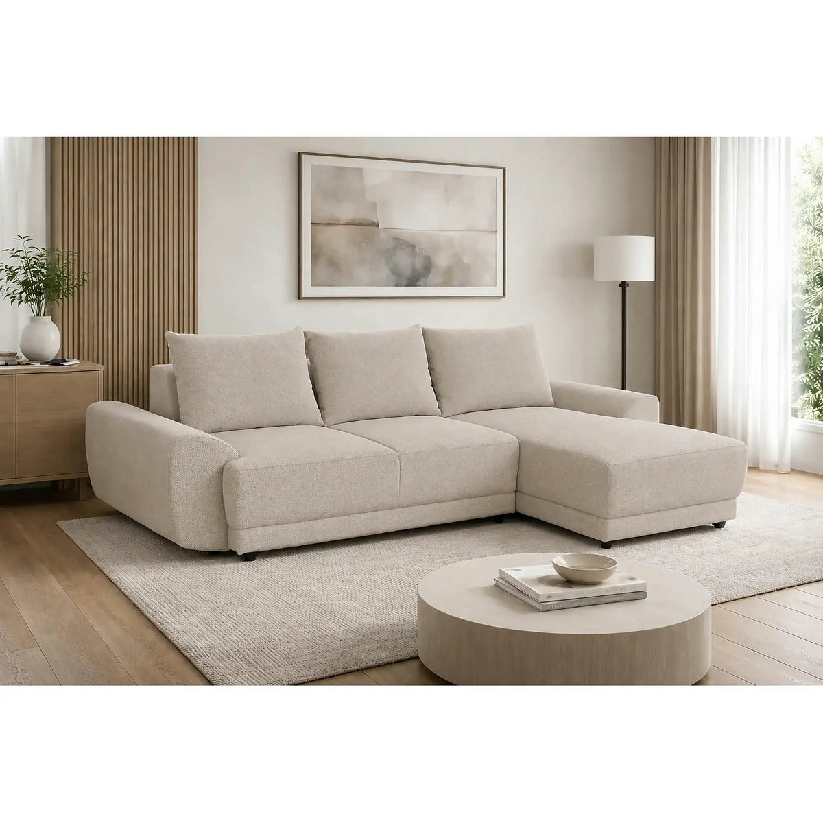 Coltar de living ASTOR, sezlong dreapta, stofa bej - New York G008, 254x150x83 cm