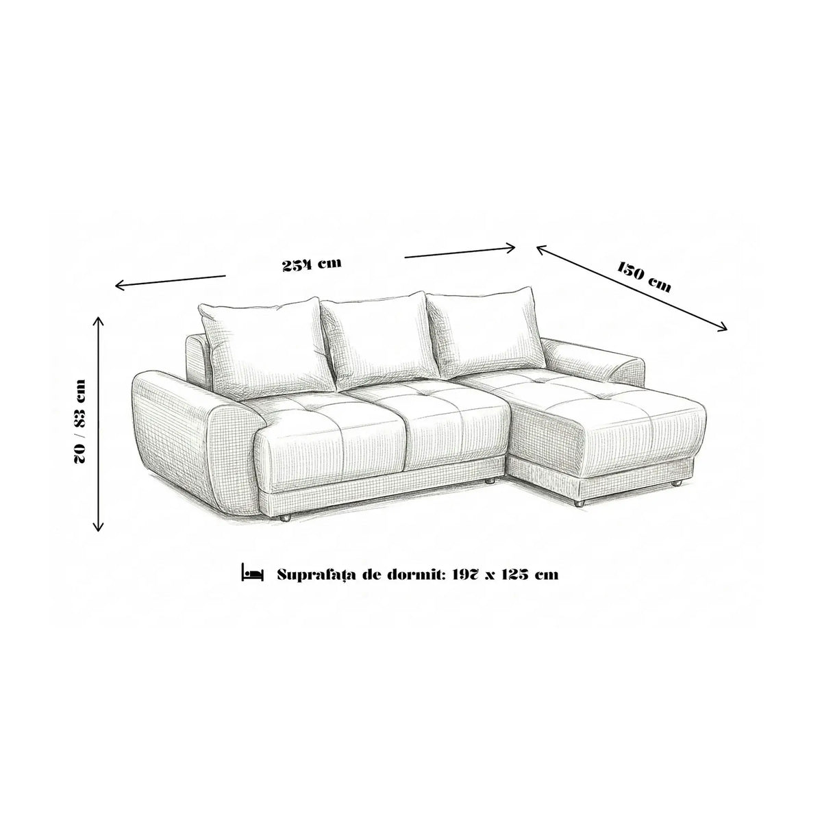 Coltar de living ASTOR, sezlong dreapta, stofa bej - New York G008, 254x150x83 cm