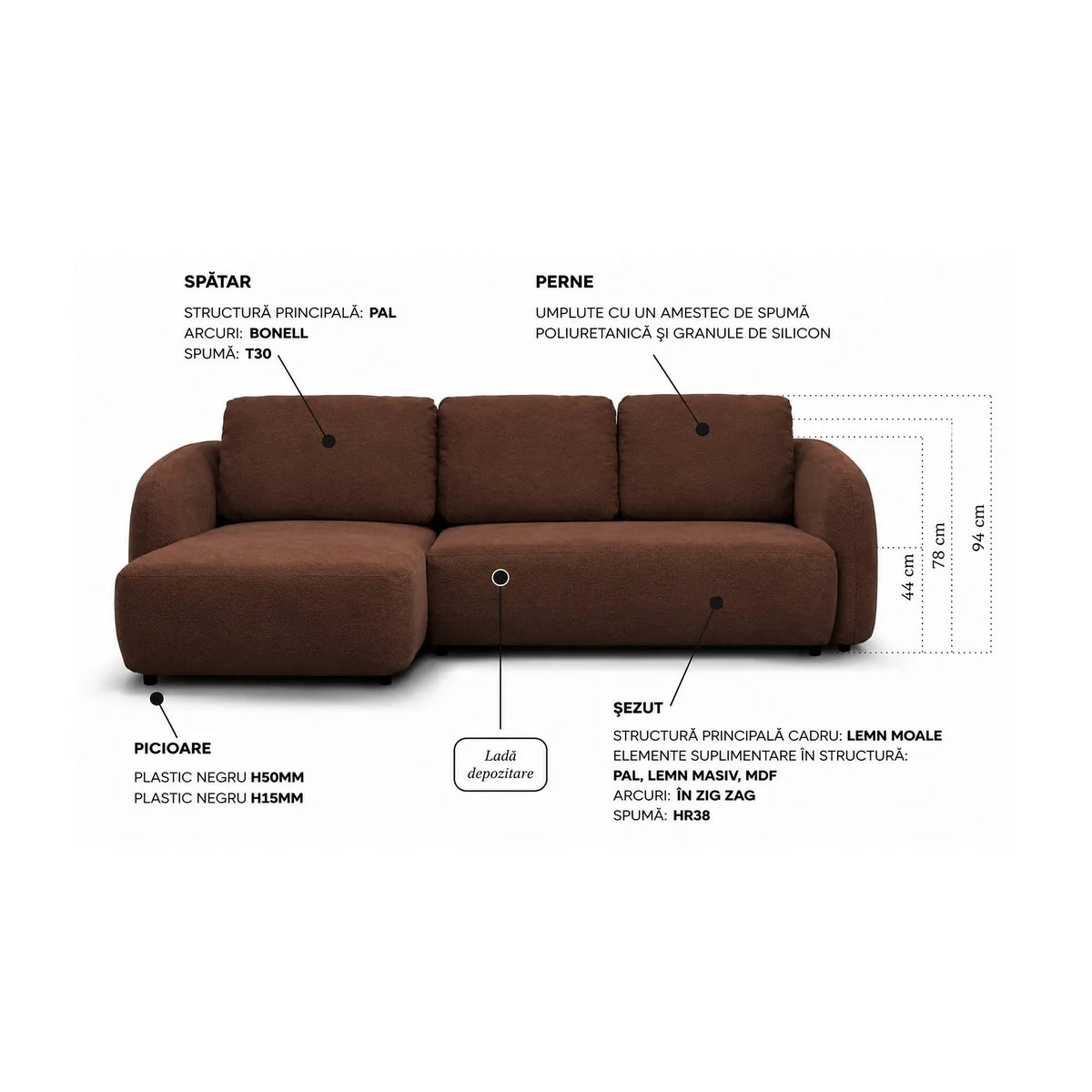 Coltar de living extensibil PORTO, sezlong stanga, stofa gri - Cremona 81, cu lada depozitare, 270x154x94 cm