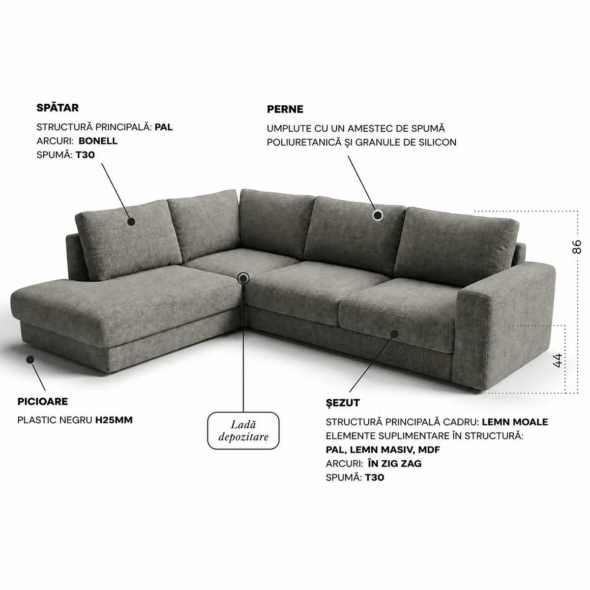 Coltar de living RINA L, sezlong dreapta, stofa bej - Cremona 02, cu lada depozitare, 272x215x86 cm