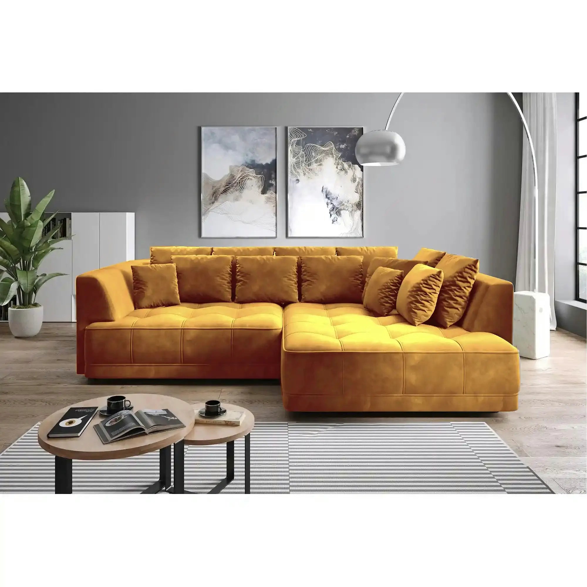 Coltar de living TIGA, sezlong dreapta, stofa clasica galben mustar - Austin 11, cu reglaj electric, 286x207x77 cm
