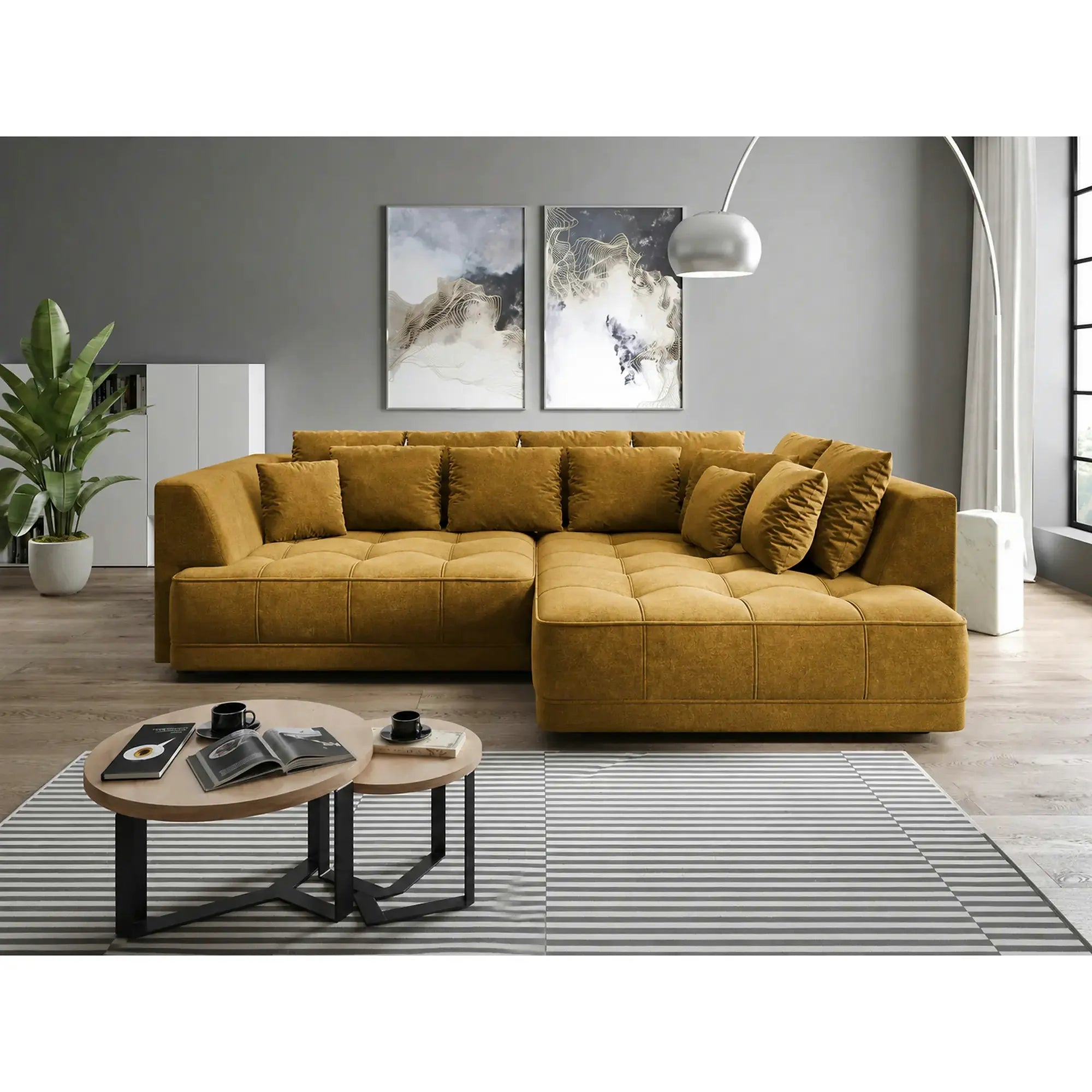 Coltar de living TIGA, sezlong dreapta, stofa clasica galben mustar - Austin 11, cu reglaj electric, 286x207x77 cm