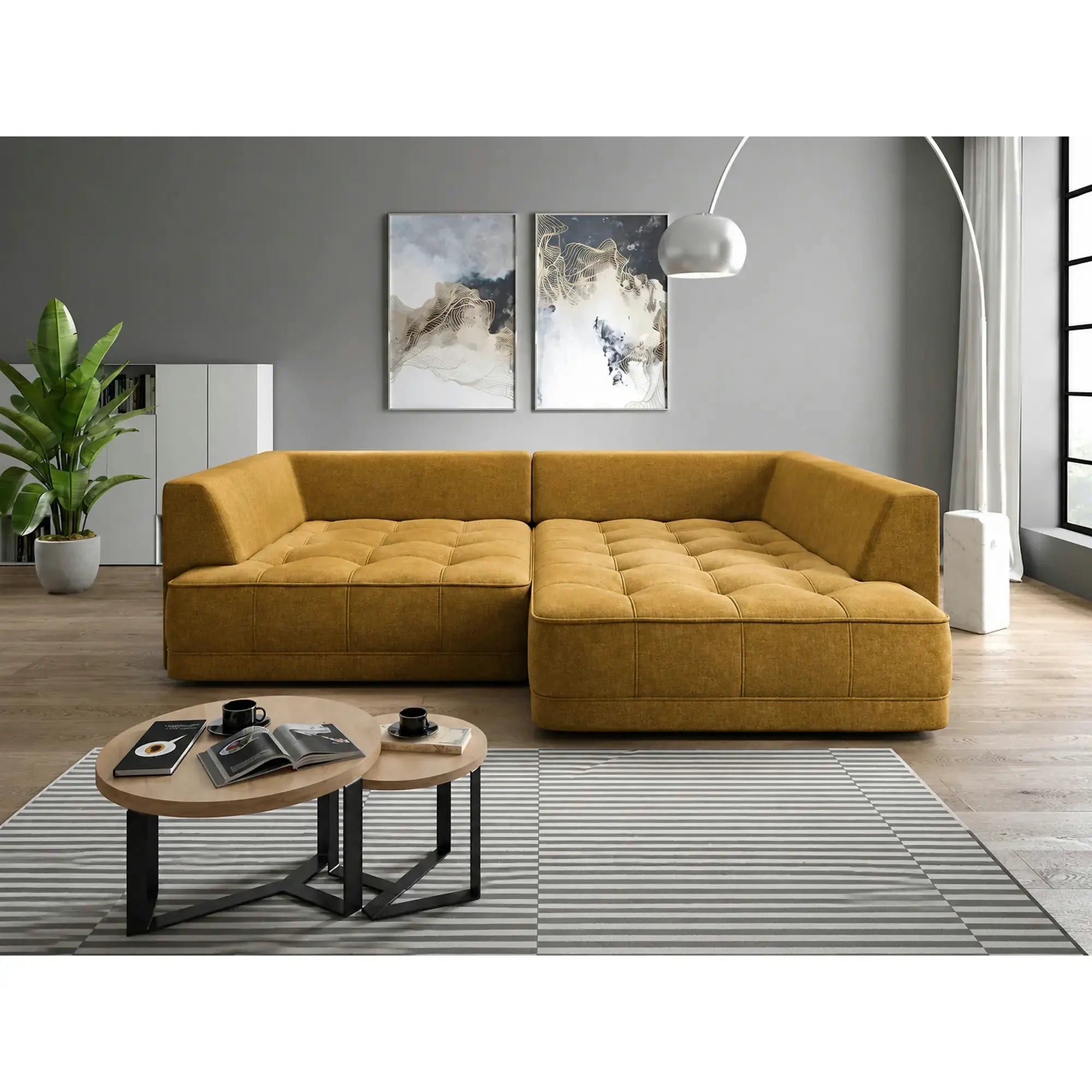 Coltar de living TIGA, sezlong dreapta, stofa clasica galben mustar - Austin 11, cu reglaj electric, 286x207x77 cm