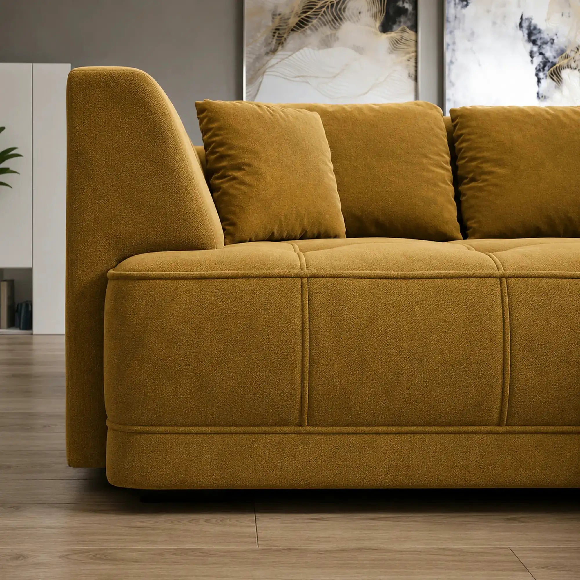 Coltar de living TIGA, sezlong dreapta, stofa clasica galben mustar - Austin 11, cu reglaj electric, 286x207x77 cm
