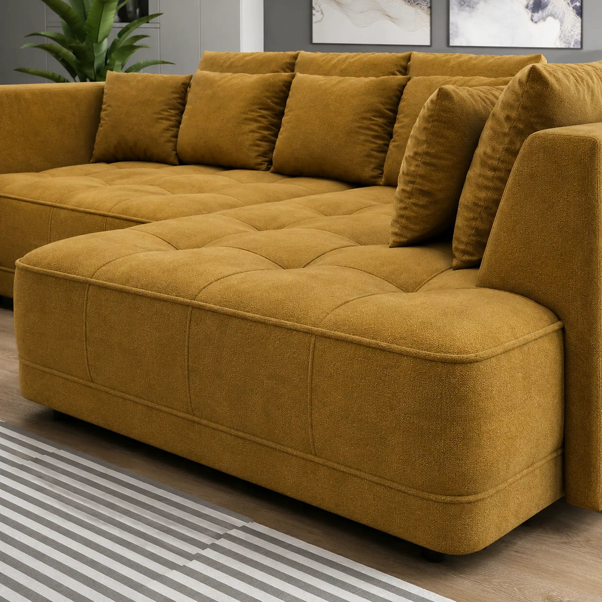 Coltar de living TIGA, sezlong dreapta, stofa clasica galben mustar - Austin 11, cu reglaj electric, 286x207x77 cm