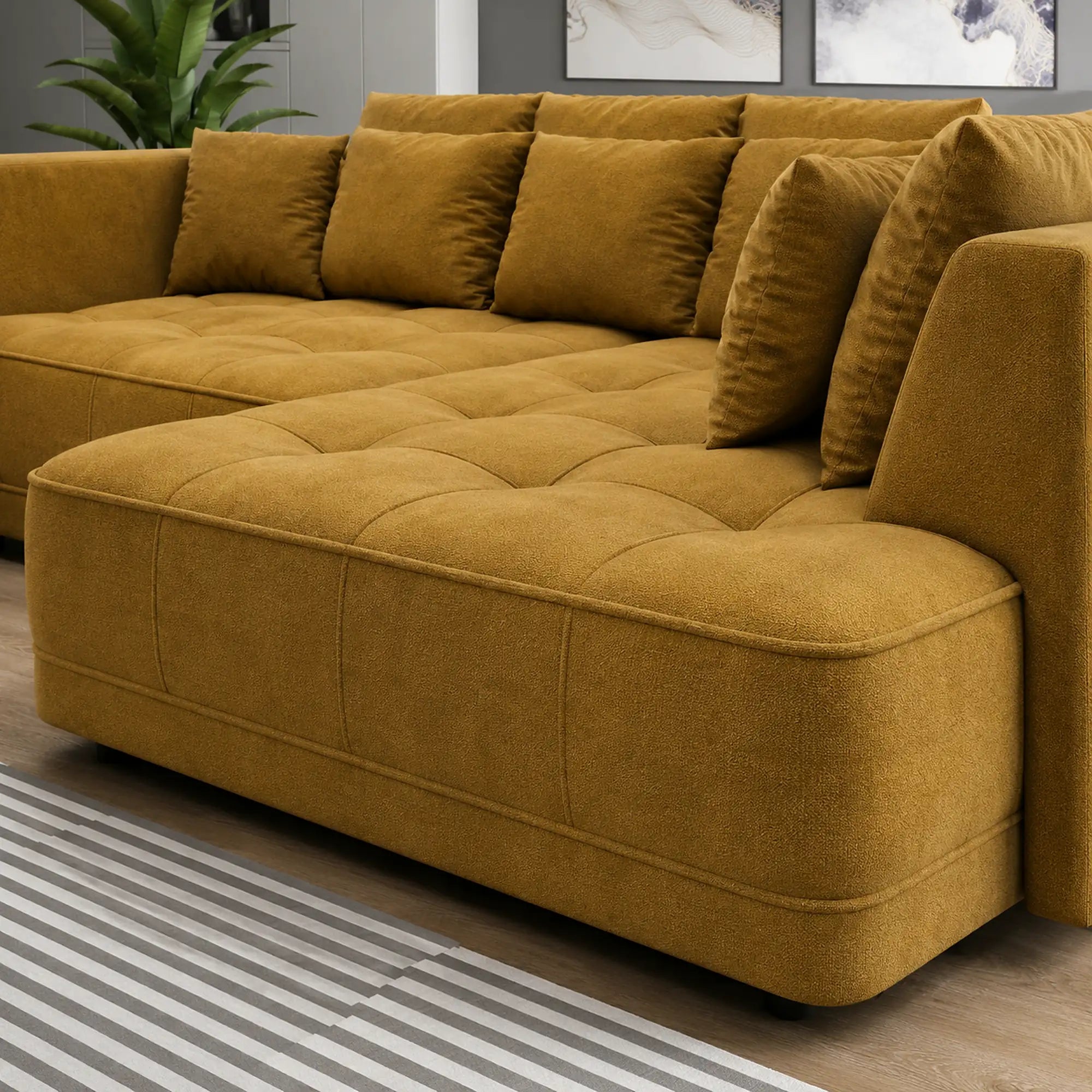 Coltar de living TIGA, sezlong dreapta, stofa clasica galben mustar - Austin 11, cu reglaj electric, 286x207x77 cm