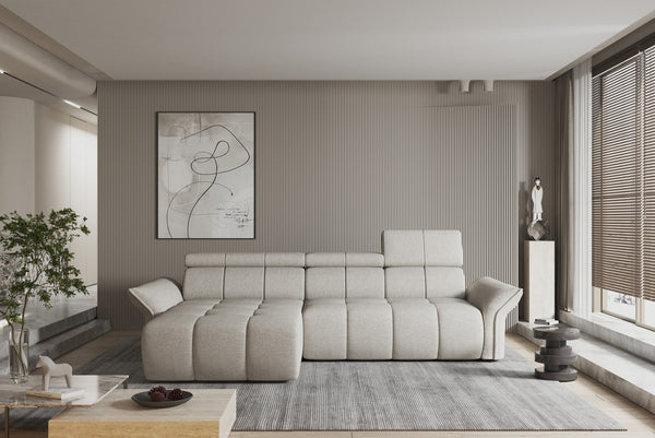 Coltar ENZO S, personalizabil materiale Gama Premium, cu lada depozitare si reglaj electric, 282x177x107 cm