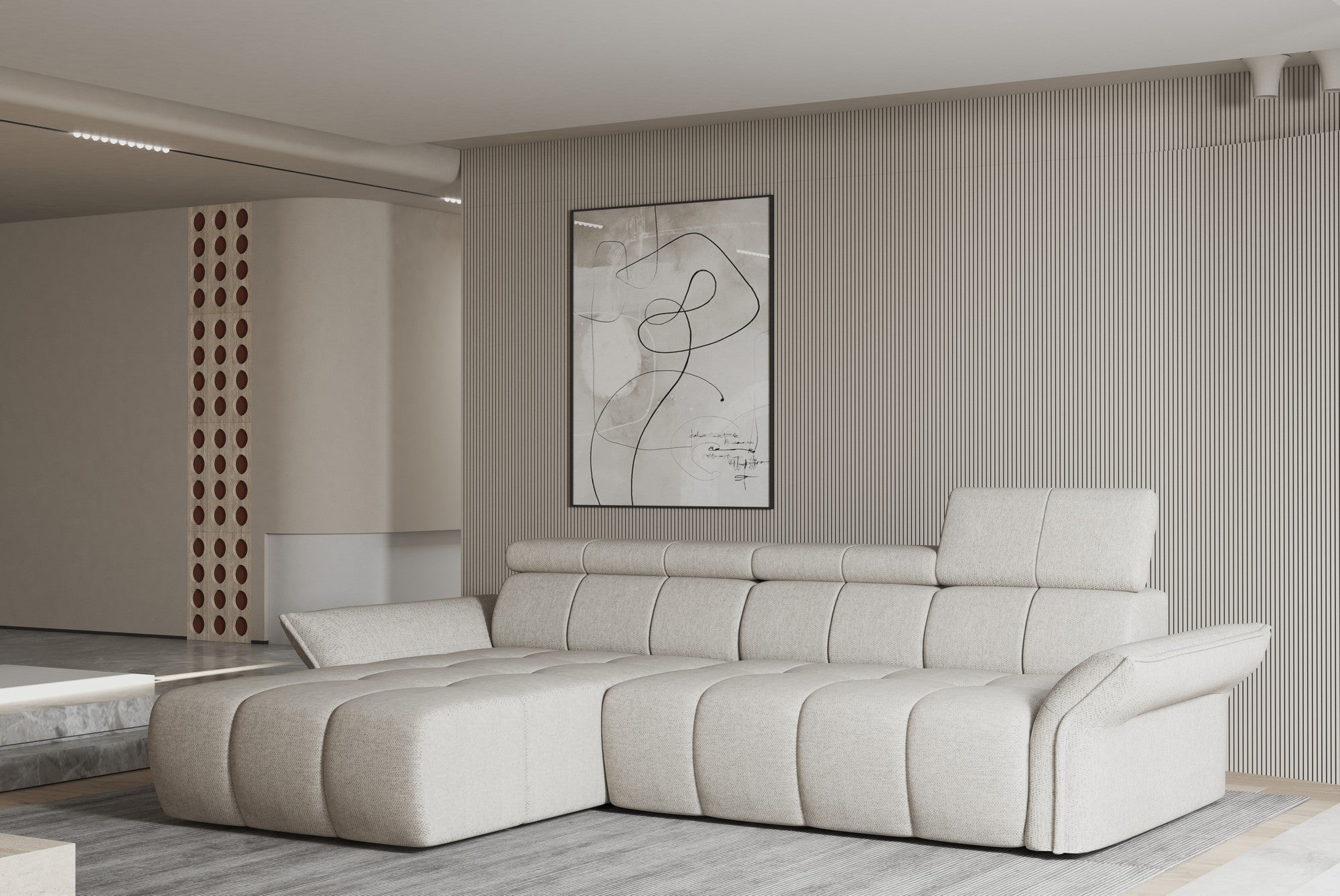 Coltar ENZO S, personalizabil materiale gama Oferta Avantaj, cu lada depozitare si reglaj electric, 282x177x107 cm