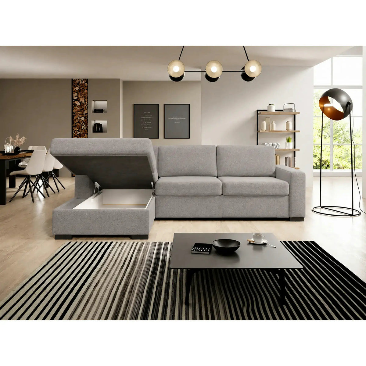 Coltar extensibil 160x200 VANILLA CORNER, sezlong stanga, stofa catifelata gri - Salvador 14, cu lada depozitare, 303x173x87 cm