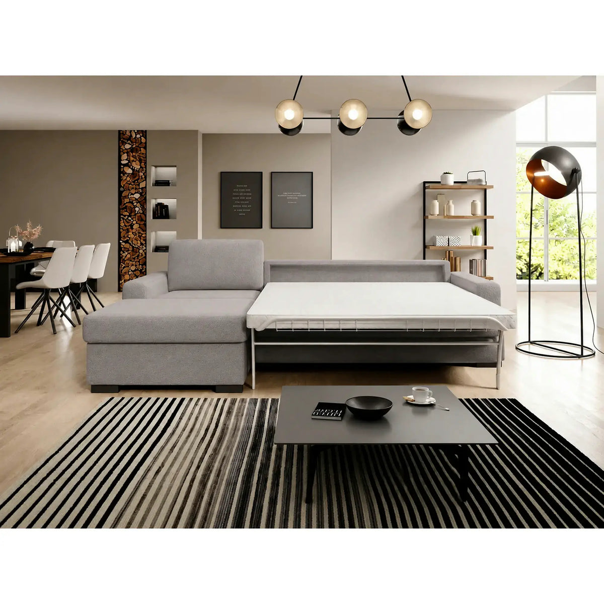 Coltar extensibil 160x200 VANILLA CORNER, sezlong stanga, stofa catifelata gri - Salvador 14, cu lada depozitare, 303x173x87 cm