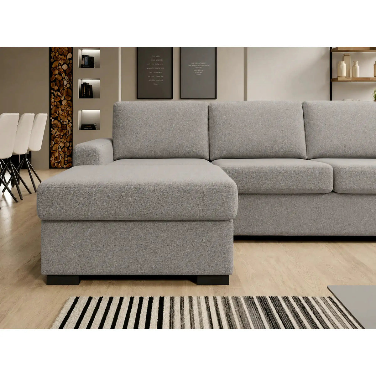 Coltar extensibil 160x200 VANILLA CORNER, sezlong stanga, stofa catifelata gri - Salvador 14, cu lada depozitare, 303x173x87 cm