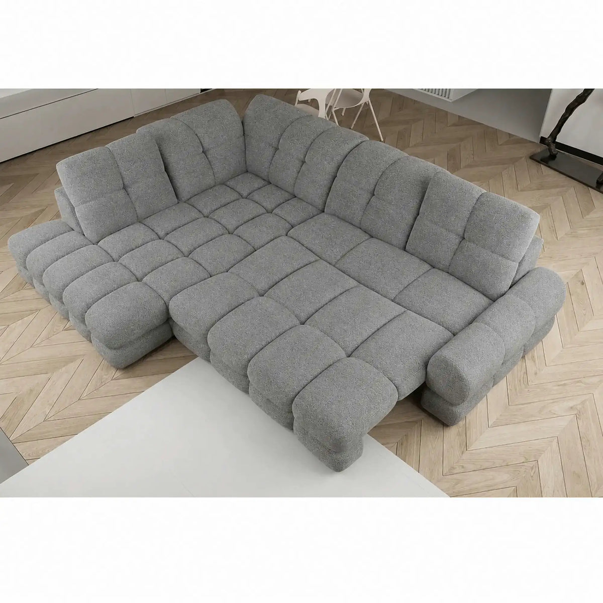 Coltar extensibil 3m TOLLO L, sezlong stanga, stofa catifelata gri - Riviera 91, cu lada depozitare si reglaj electric, 302x217x105 cm