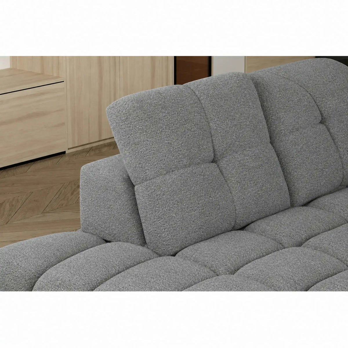 Coltar extensibil 3m TOLLO L, sezlong stanga, stofa catifelata gri - Riviera 91, cu lada depozitare si reglaj electric, 302x217x105 cm
