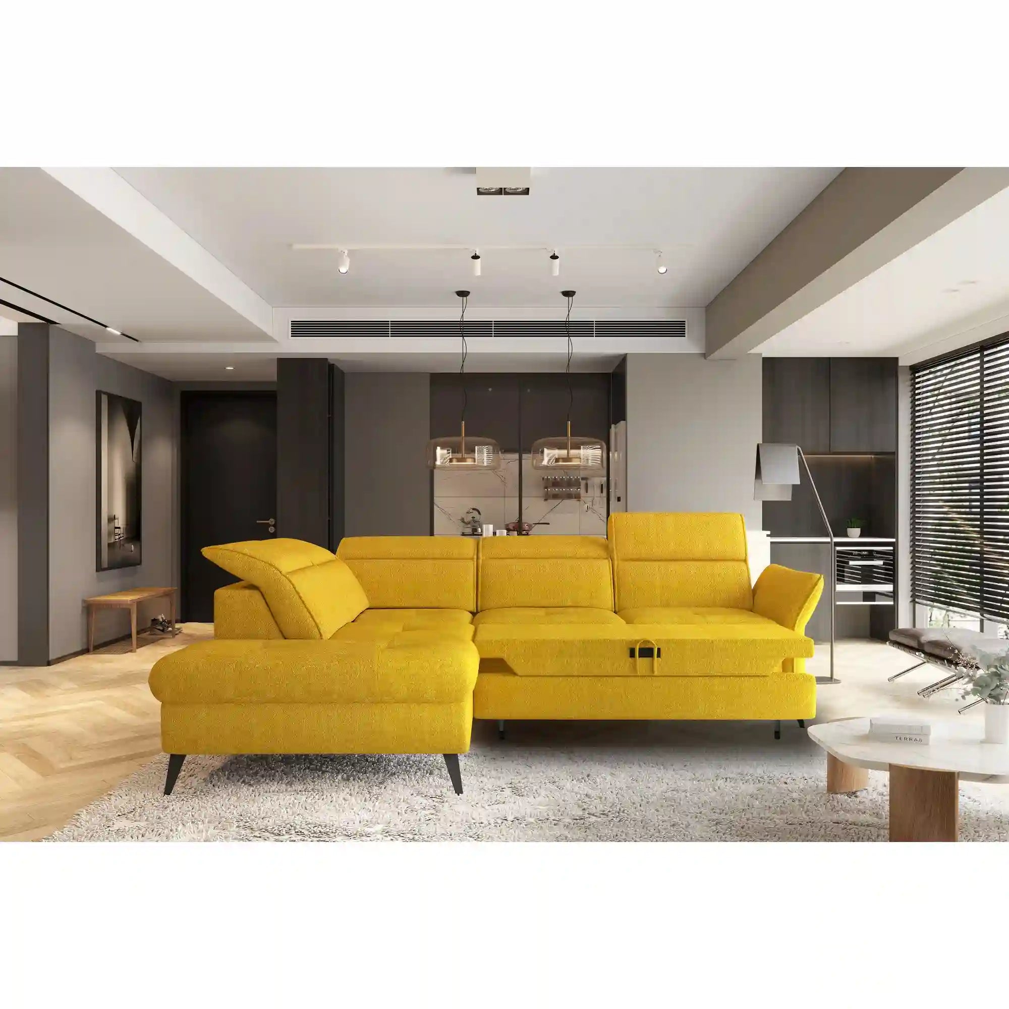 Coltar extensibil APUFA, personalizabil materiale gama Premium, cu lada depozitare si tetiere reglabile, 260x215x95 cm