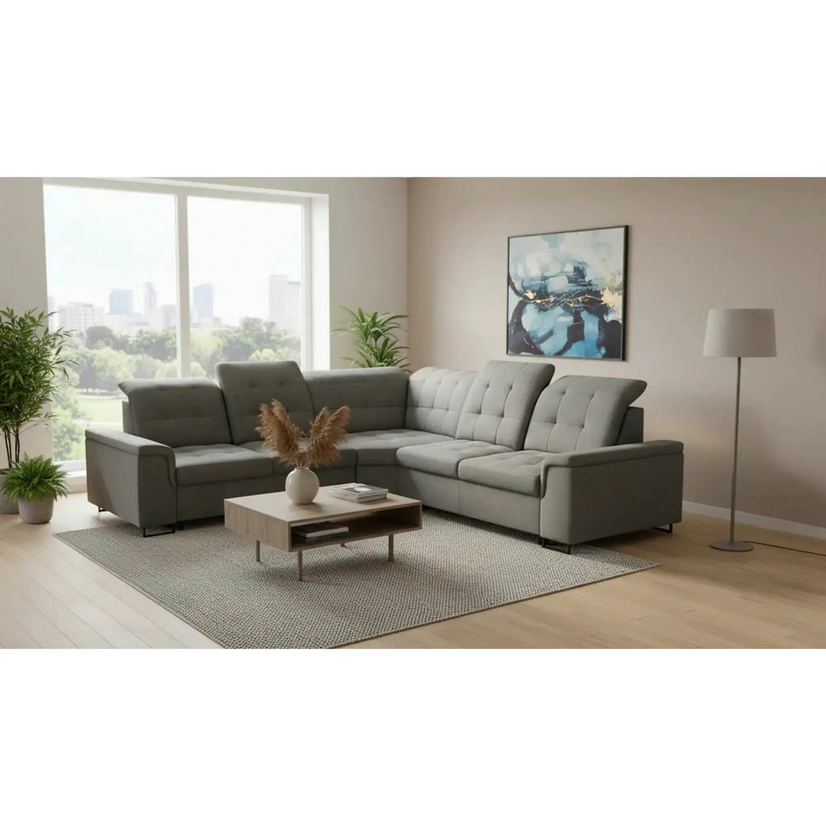 Coltar extensibil ARAGON, sezlong dreapta, stofa catifelata bej - Voss 28, cu lada depozitare, 270x230x150 cm